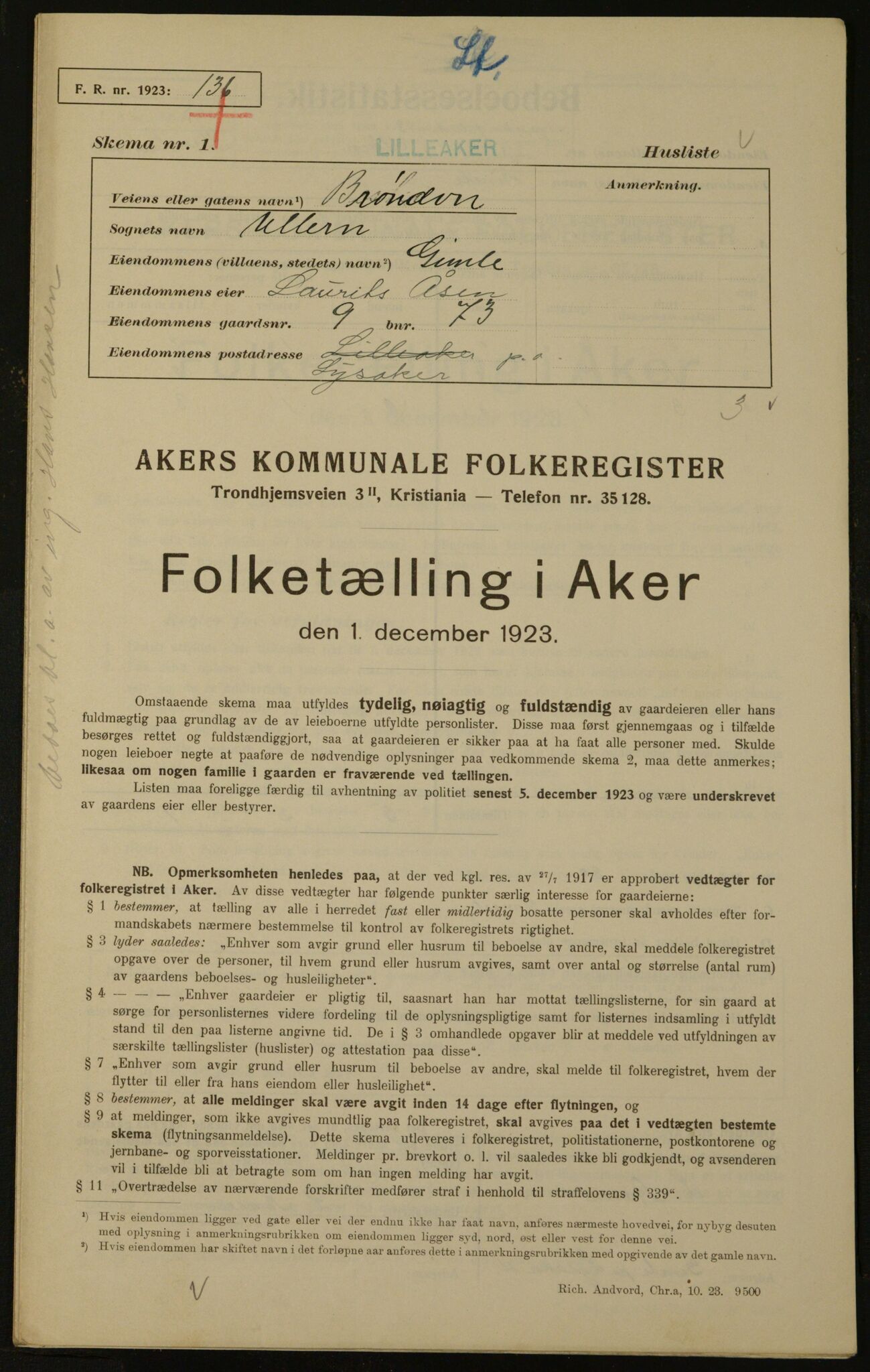 , Kommunal folketelling 1.12.1923 for Aker, 1923, s. 772