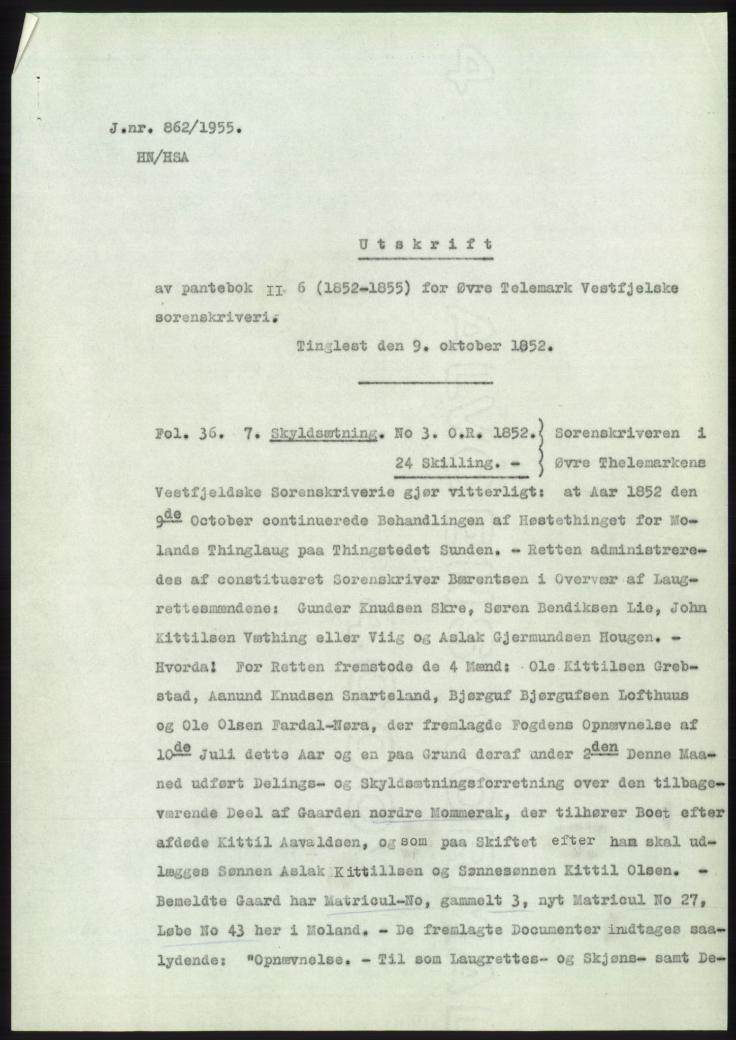 Statsarkivet i Kongsberg, AV/SAKO-A-0001/E/Ee/L0004: Avskrifter, SAO jnr. 802/1955 - 1192/1955, 1955, s. 55