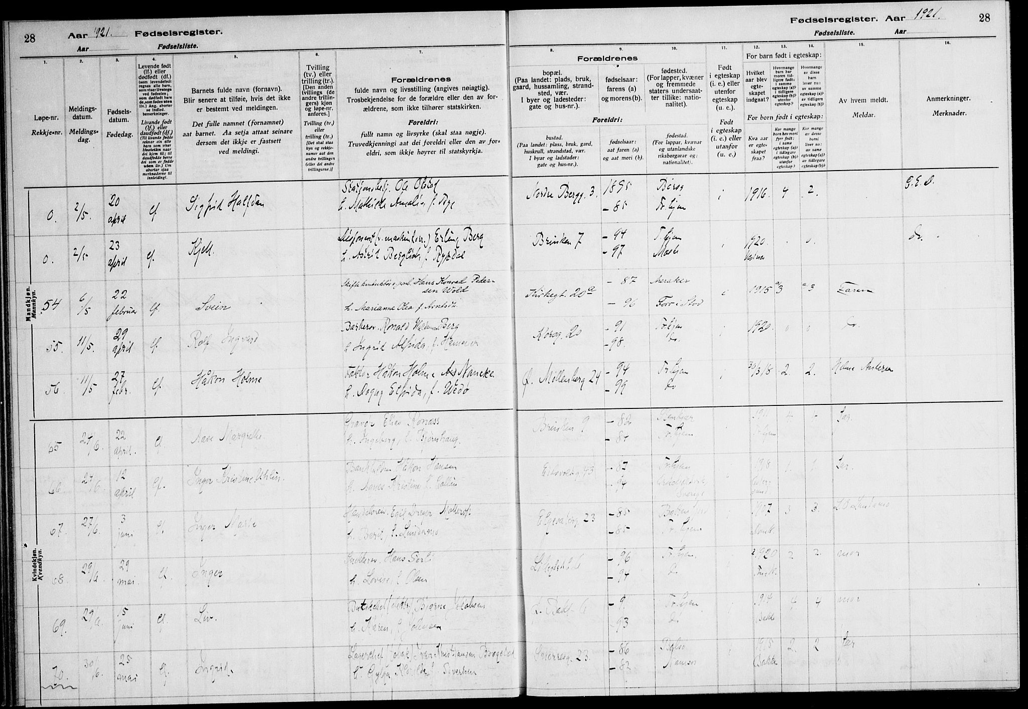 Ministerialprotokoller, klokkerbøker og fødselsregistre - Sør-Trøndelag, AV/SAT-A-1456/604/L0233: Fødselsregister nr. 604.II.4.2, 1920-1928, s. 28