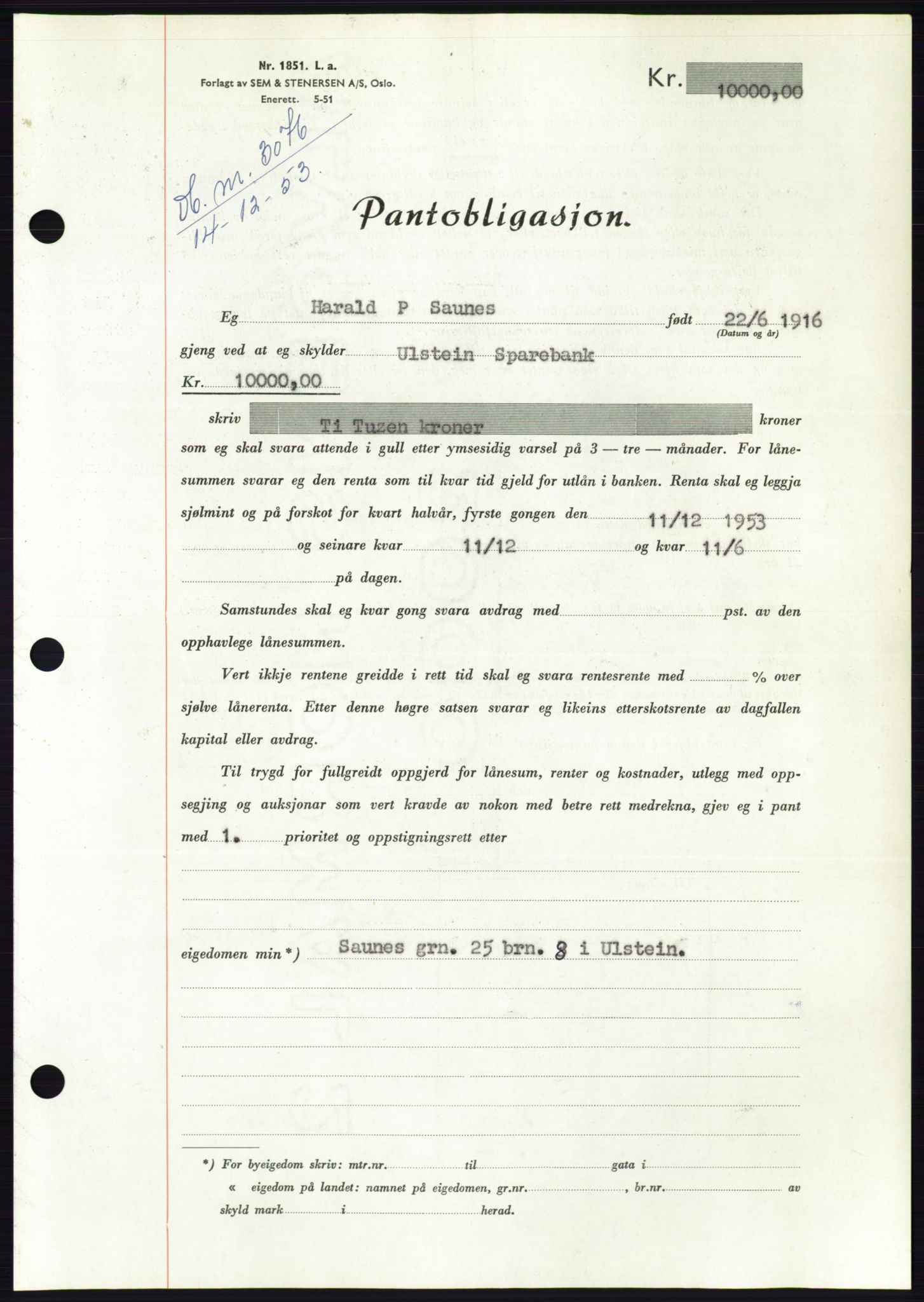 Søre Sunnmøre sorenskriveri, AV/SAT-A-4122/1/2/2C/L0124: Pantebok nr. 12B, 1953-1954, Dagboknr: 3076/1953