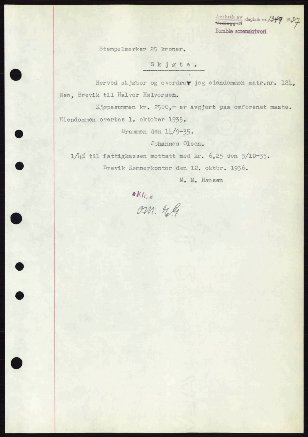 Bamble sorenskriveri, AV/SAKO-A-214/G/Ga/Gag/L0002: Pantebok nr. A-2, 1937-1938, Dagboknr: 1349/1937