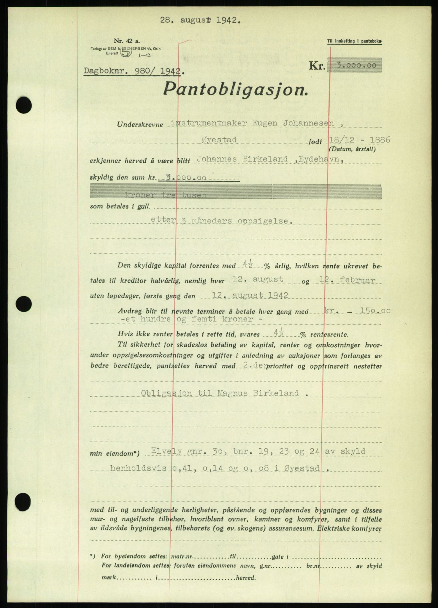 Nedenes sorenskriveri, SAK/1221-0006/G/Gb/Gbb/L0002: Pantebok nr. II, 1942-1945, Dagboknr: 980/1942