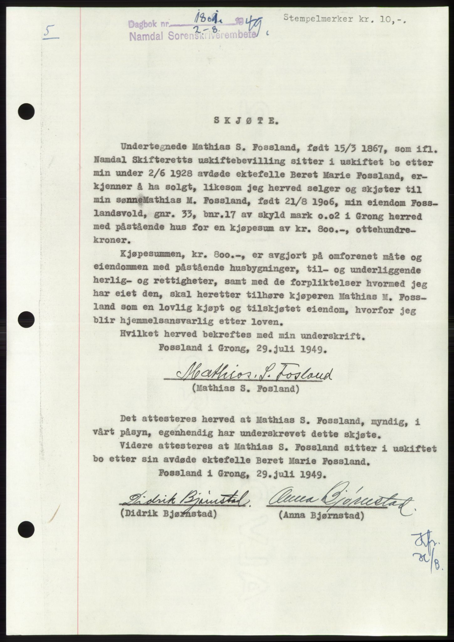 Namdal sorenskriveri, SAT/A-4133/1/2/2C: Pantebok nr. -, 1949-1949, Dagboknr: 1801/1949