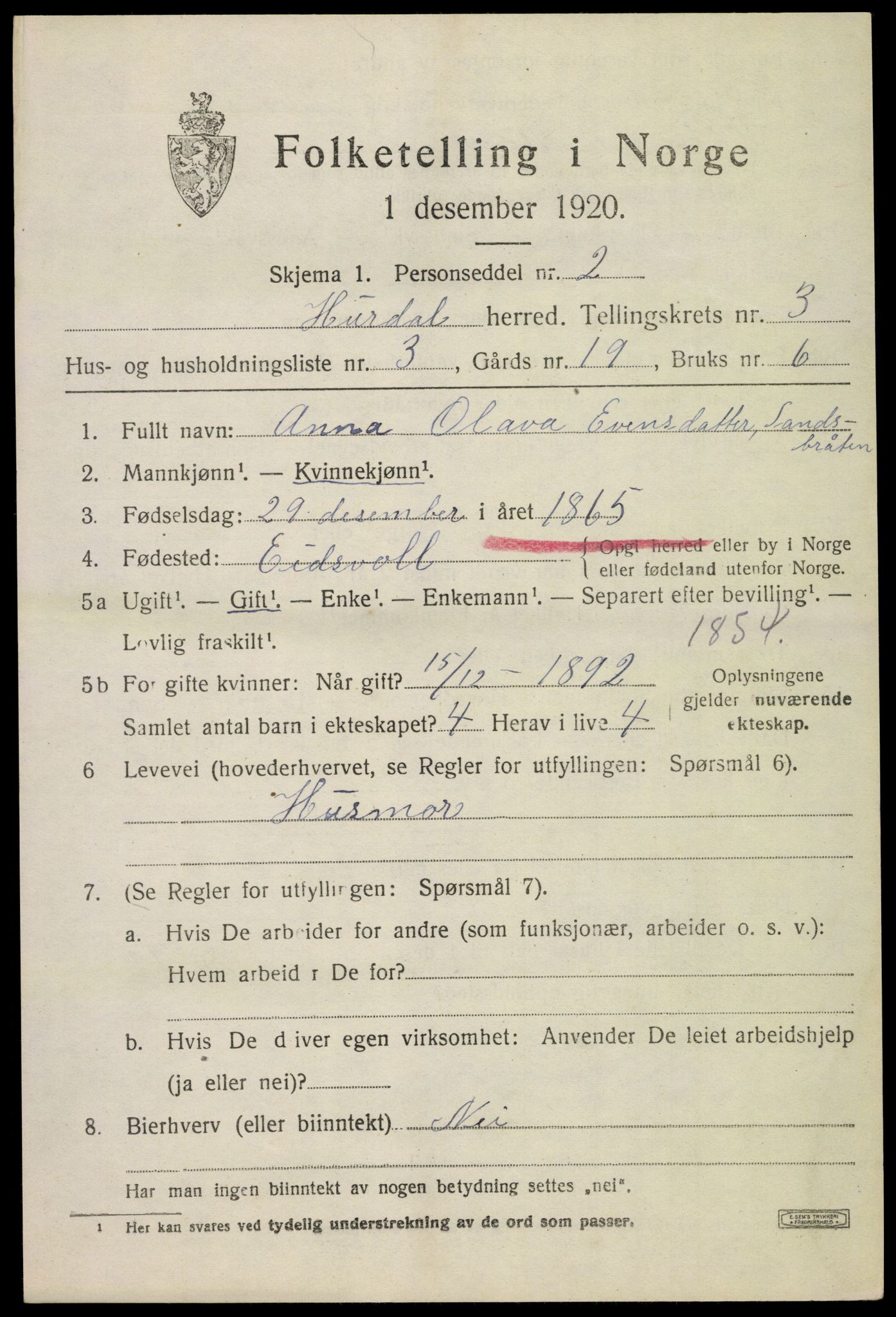 SAO, Folketelling 1920 for 0239 Hurdal herred, 1920, s. 2262