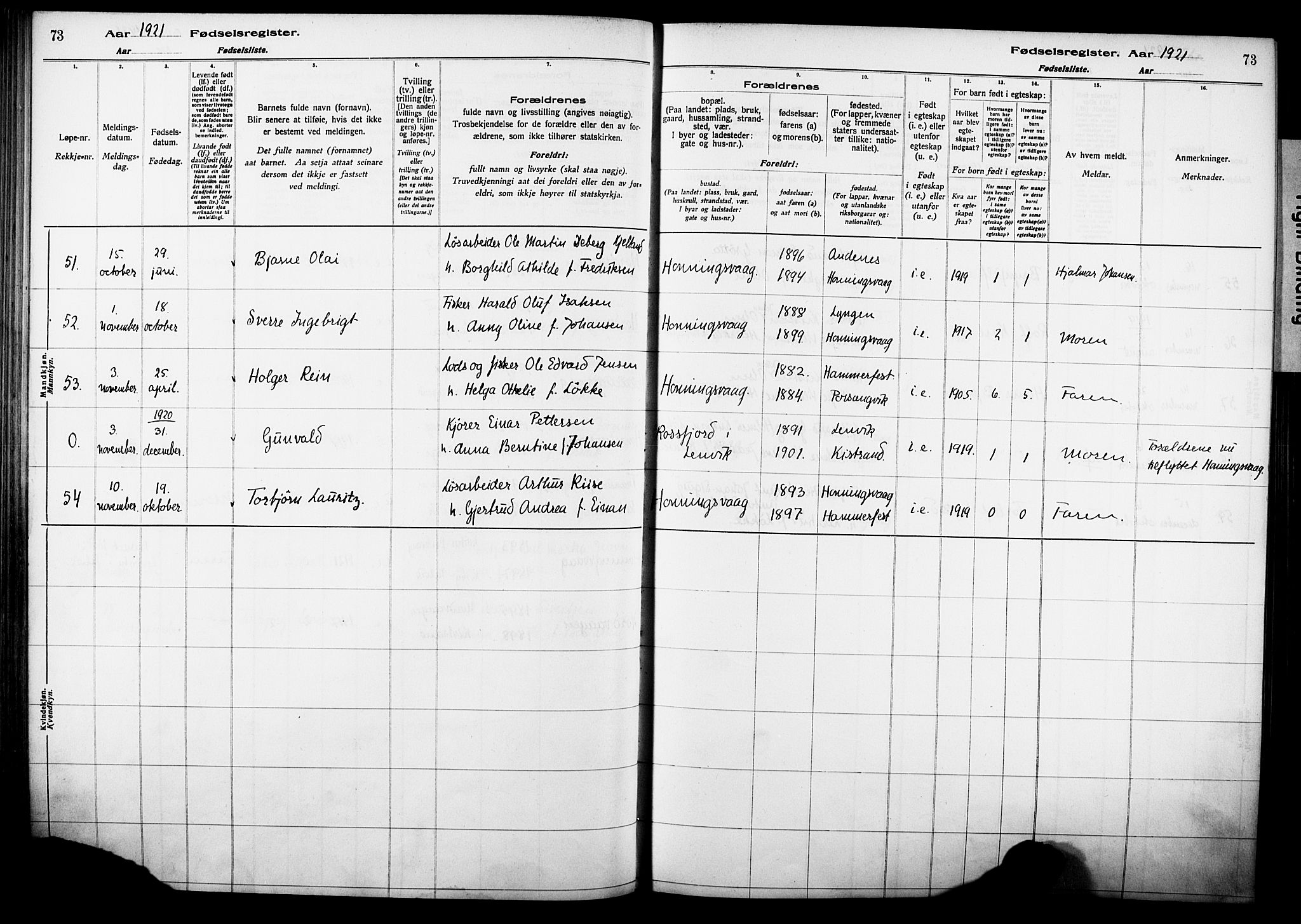 Kjelvik/Nordkapp sokneprestkontor, AV/SATØ-S-1350/I/Ia/L0015: Fødselsregister nr. 15, 1916-1930, s. 73
