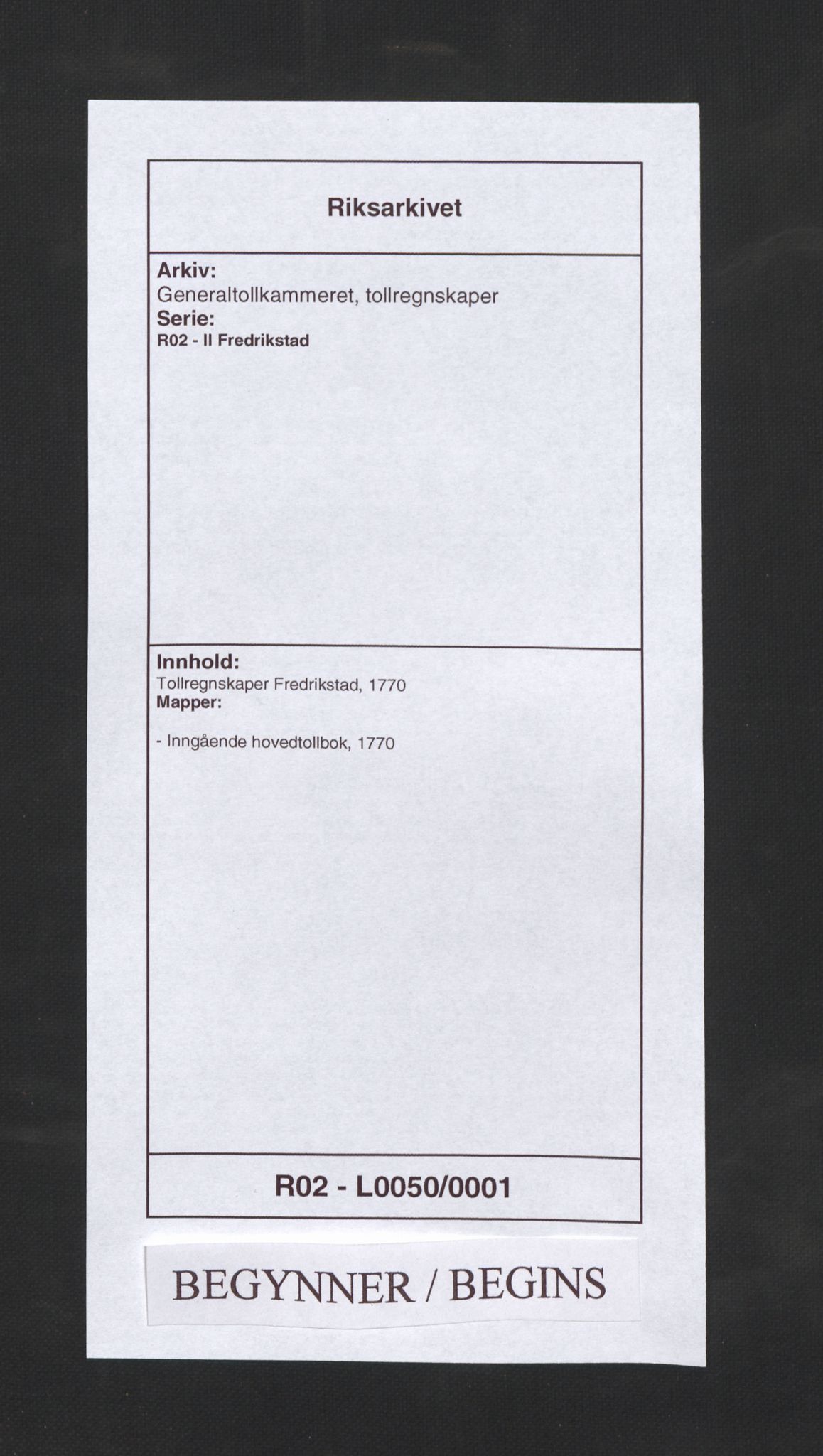 Generaltollkammeret, tollregnskaper, AV/RA-EA-5490/R02/L0050/0001: Tollregnskaper Fredrikstad / Inngående hovedtollbok, 1770