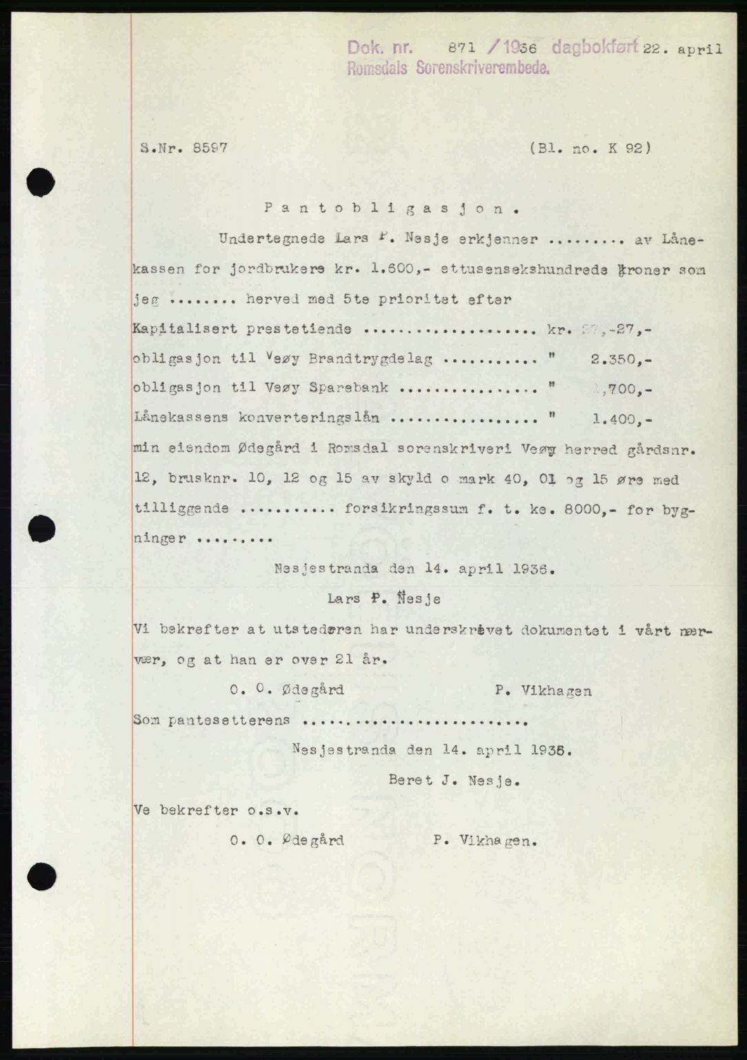 Romsdal sorenskriveri, SAT/A-4149/1/2/2C: Pantebok nr. B1, 1936-1939, Dagboknr: 871/1936