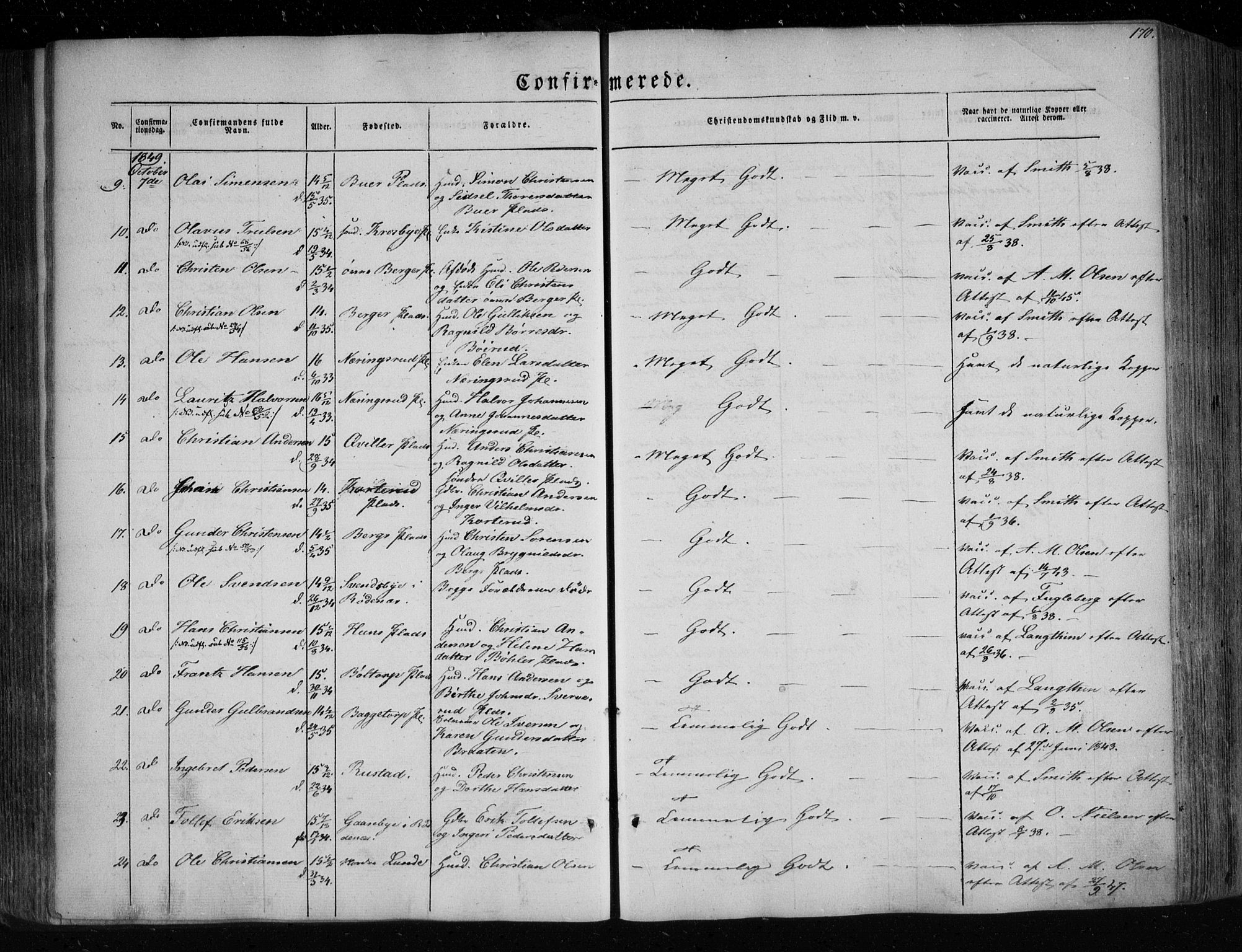 Eidsberg prestekontor Kirkebøker, AV/SAO-A-10905/F/Fa/L0009: Ministerialbok nr. I 9, 1849-1856, s. 170