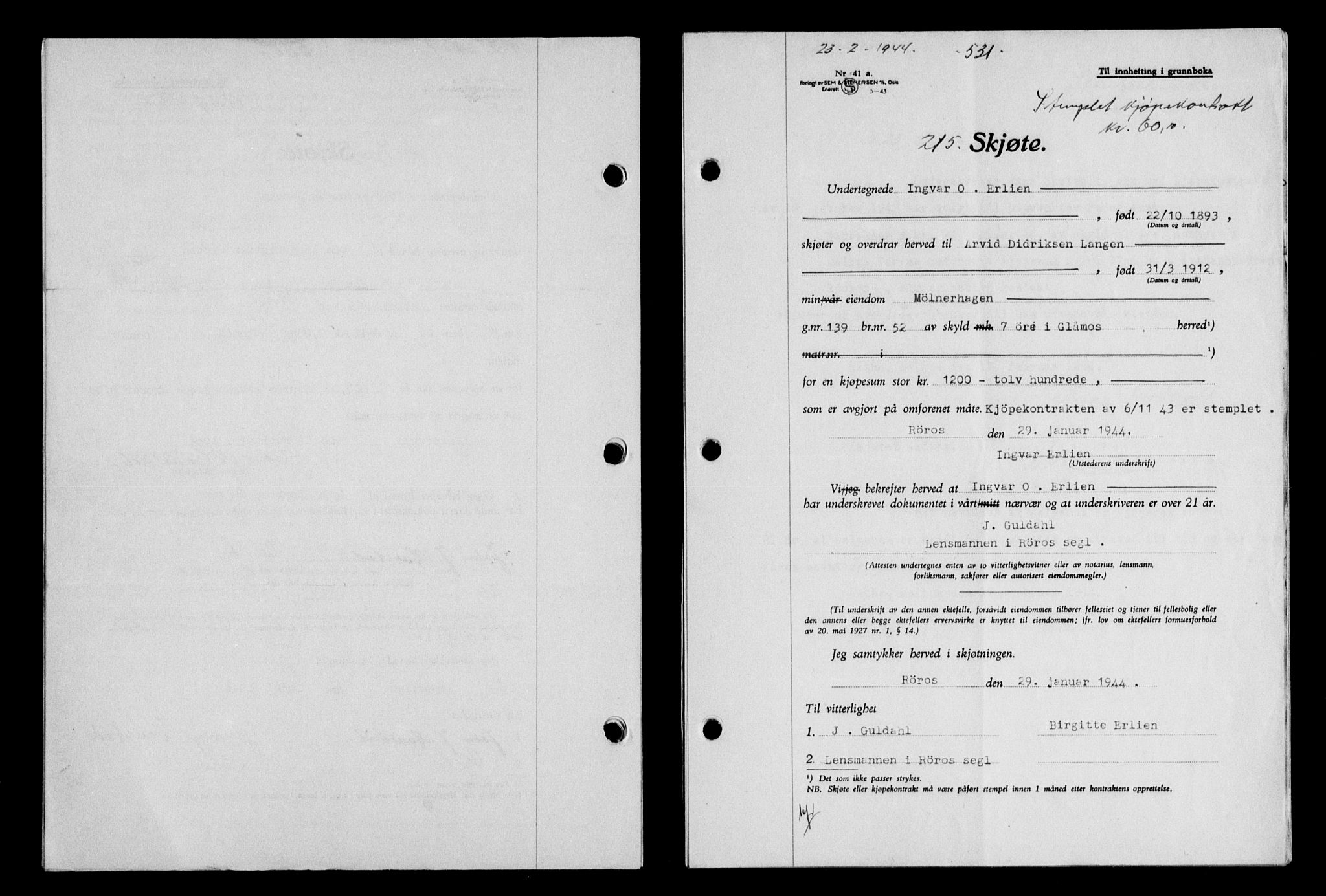 Gauldal sorenskriveri, SAT/A-0014/1/2/2C/L0057: Pantebok nr. 62, 1943-1944, Dagboknr: 215/1944