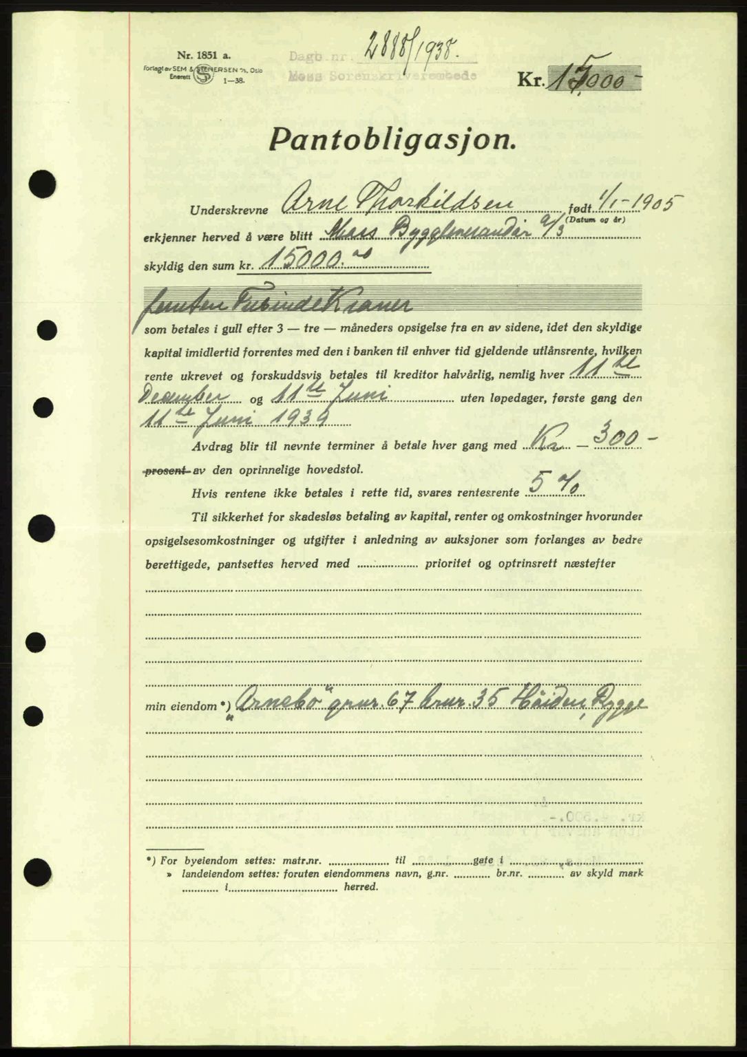 Moss sorenskriveri, SAO/A-10168: Pantebok nr. B6, 1938-1938, Dagboknr: 2888/1938