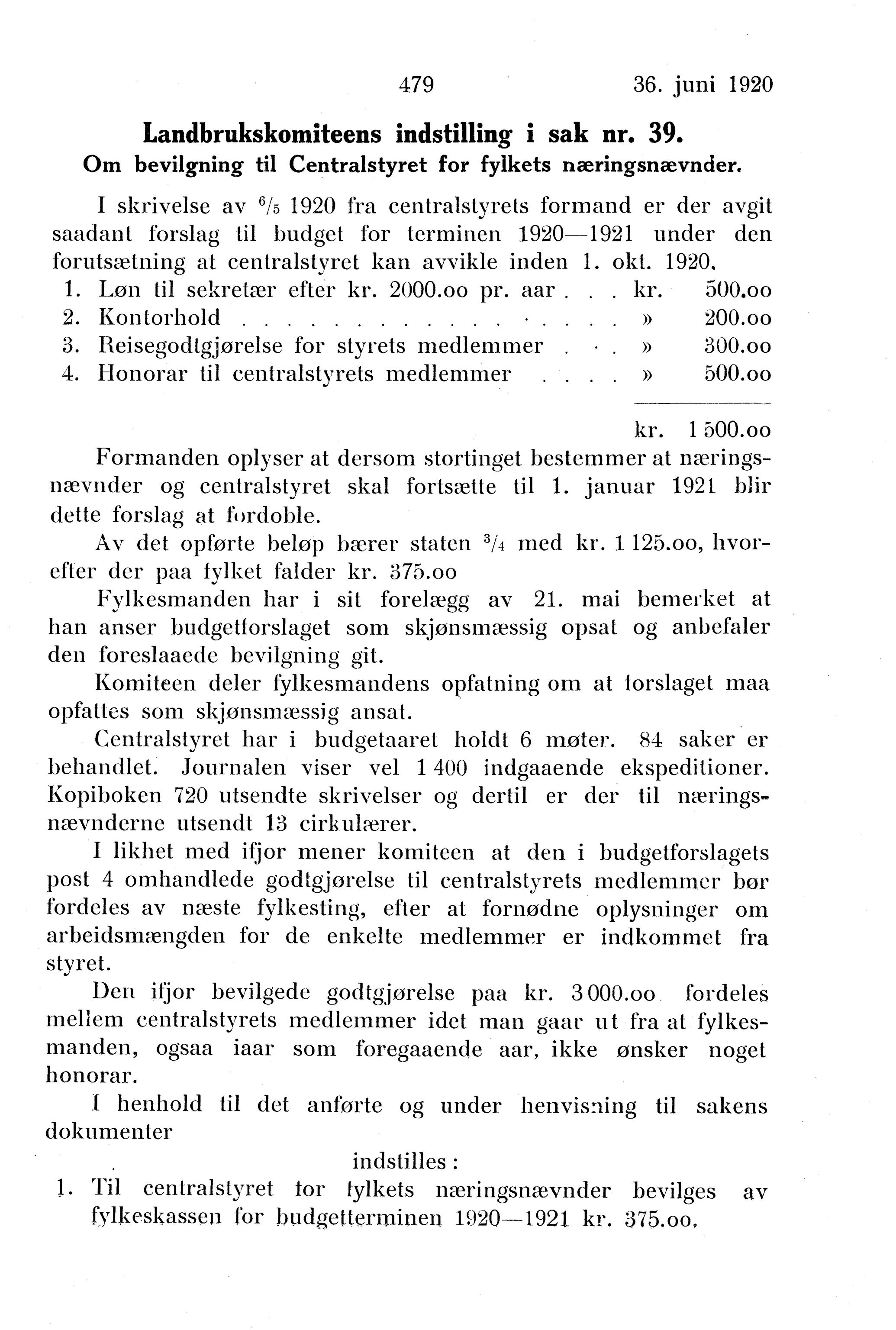 Nordland Fylkeskommune. Fylkestinget, AIN/NFK-17/176/A/Ac/L0043: Fylkestingsforhandlinger 1920, 1920