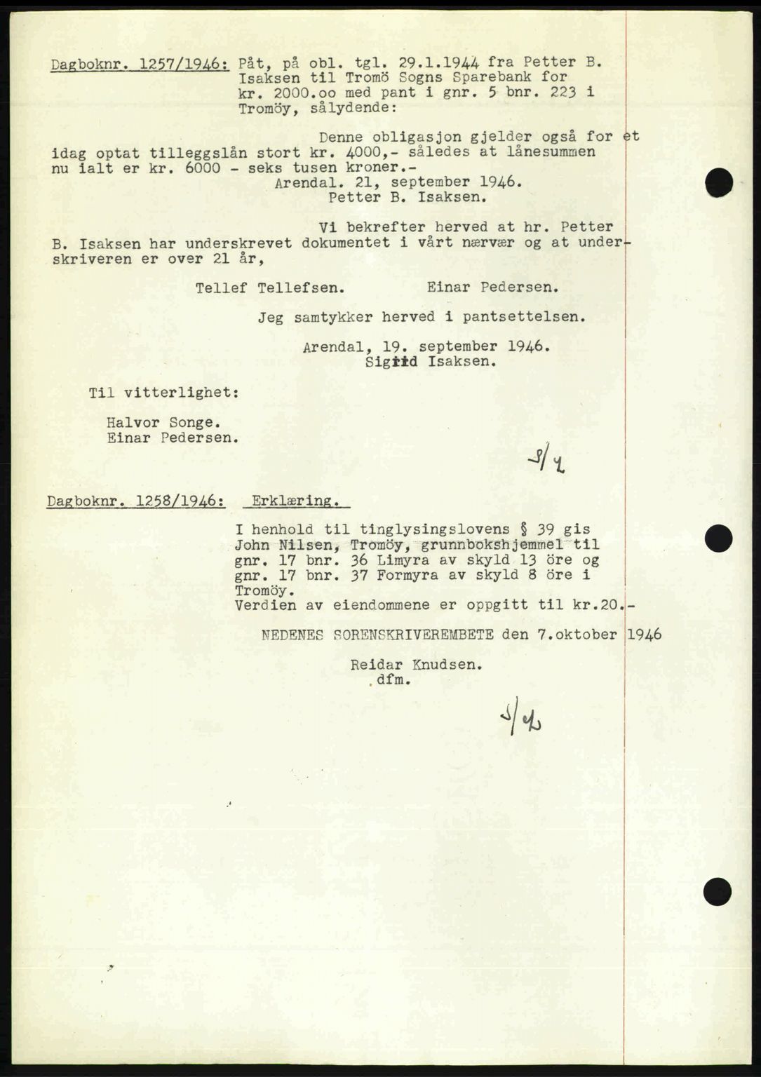 Nedenes sorenskriveri, AV/SAK-1221-0006/G/Gb/Gba/L0056: Pantebok nr. A8, 1946-1947, Dagboknr: 1257/1946