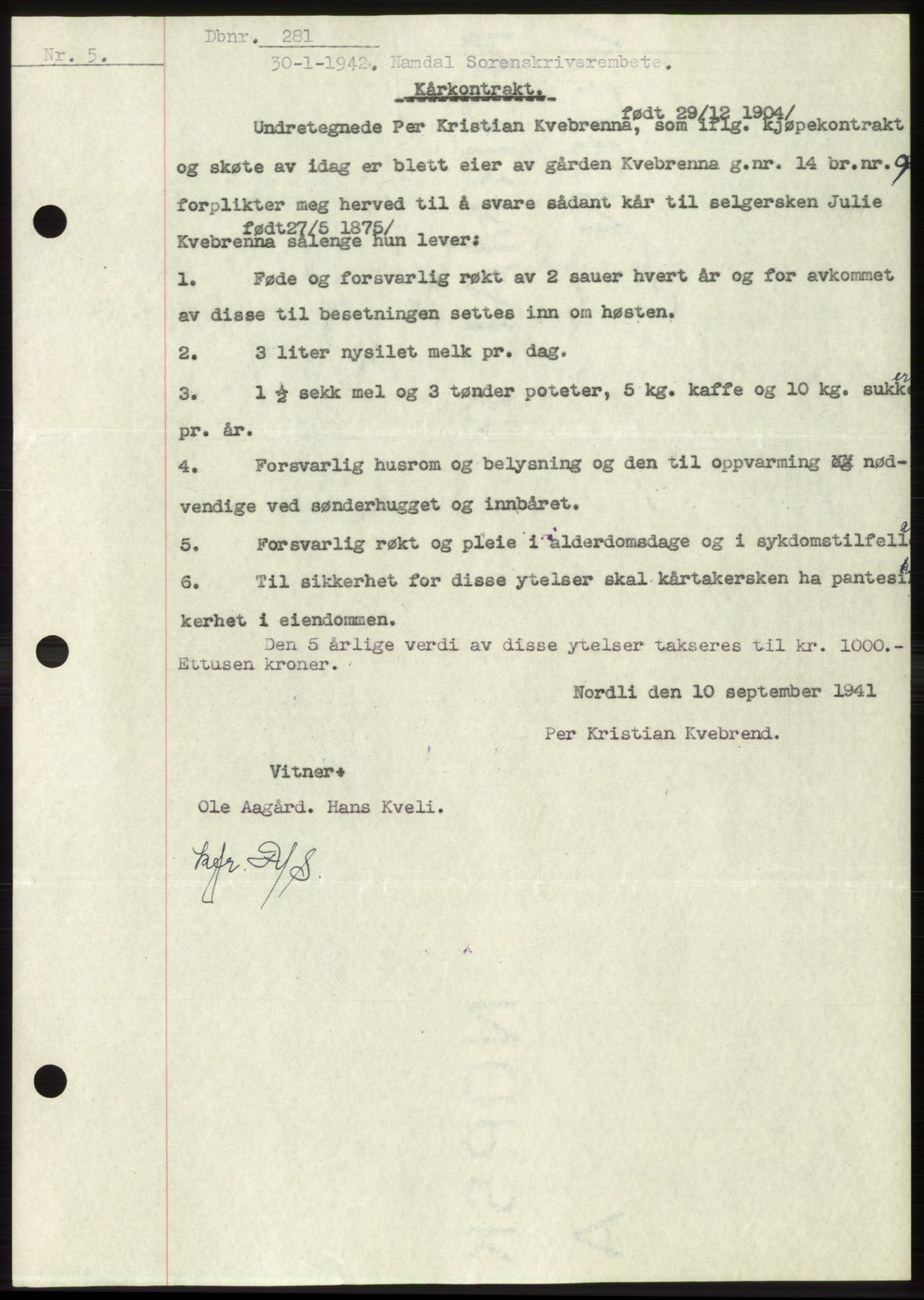 Namdal sorenskriveri, SAT/A-4133/1/2/2C: Pantebok nr. -, 1941-1942, Dagboknr: 281/1942