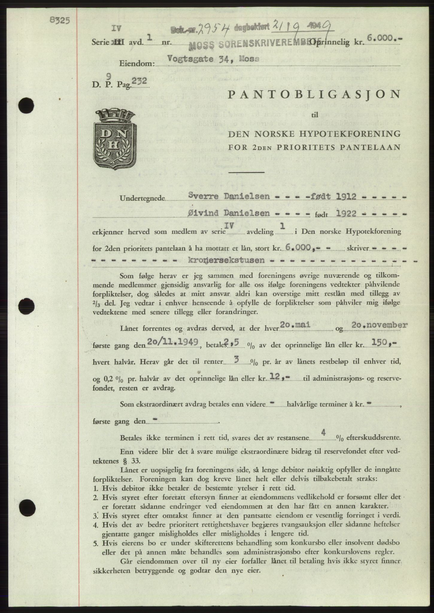 Moss sorenskriveri, SAO/A-10168: Pantebok nr. B22, 1949-1949, Dagboknr: 2954/1949