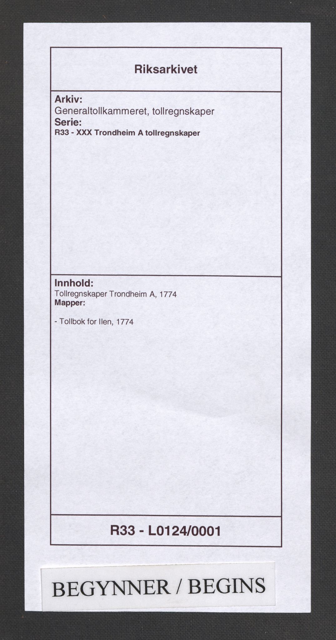 Generaltollkammeret, tollregnskaper, RA/EA-5490/R33/L0124/0001: Tollregnskaper Trondheim A / Tollbok for Ilen, 1774