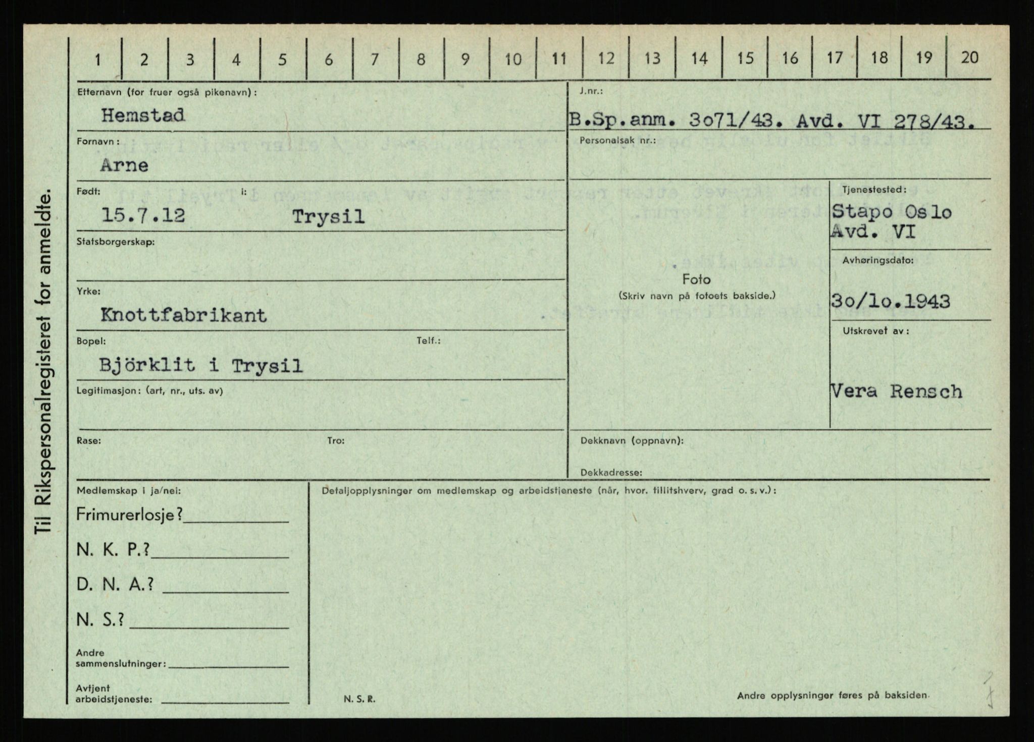 Statspolitiet - Hovedkontoret / Osloavdelingen, AV/RA-S-1329/C/Ca/L0006: Hanche - Hokstvedt, 1943-1945, s. 3566