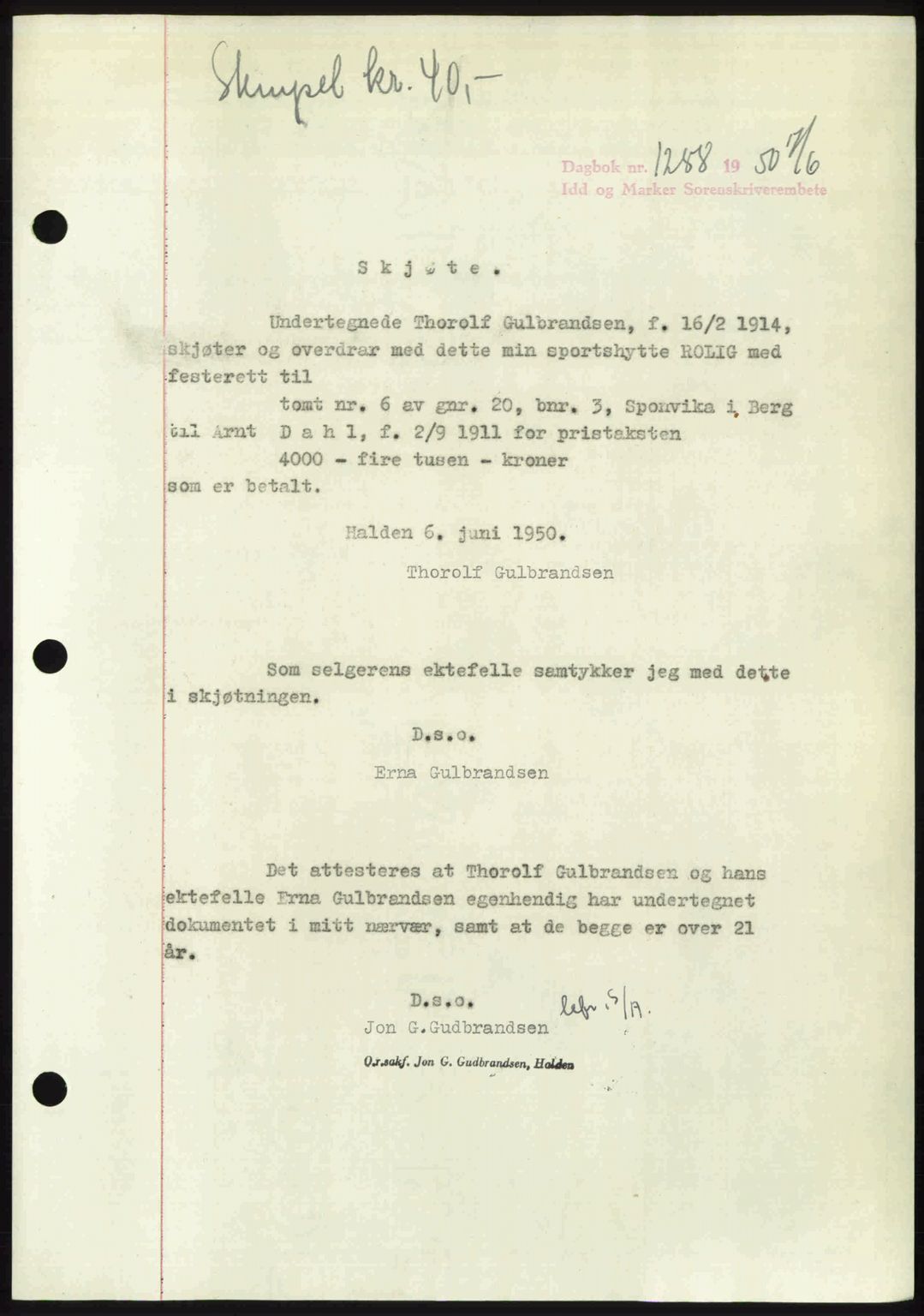 Idd og Marker sorenskriveri, AV/SAO-A-10283/G/Gb/Gbb/L0014: Pantebok nr. A14, 1950-1950, Dagboknr: 1288/1950