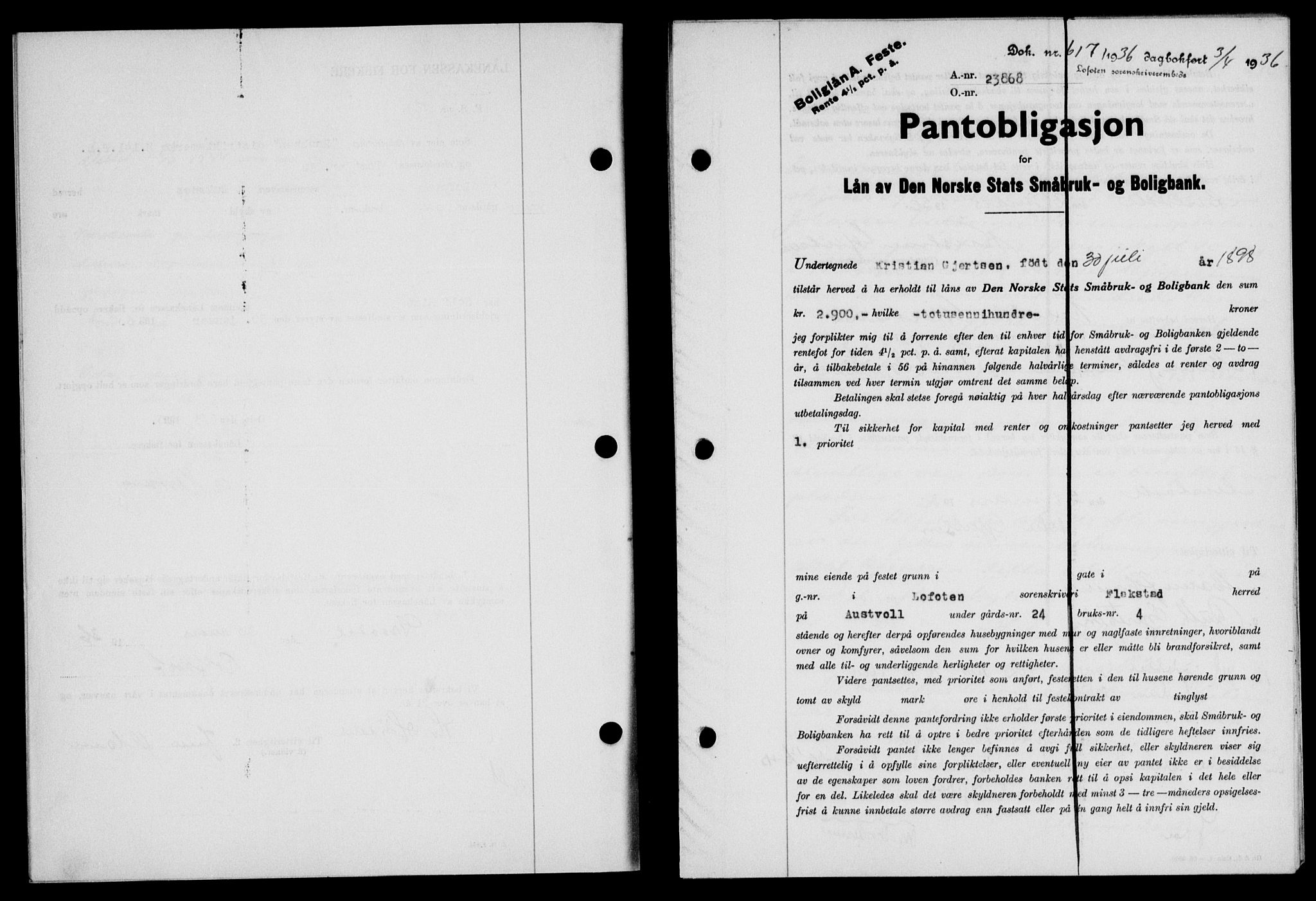 Lofoten sorenskriveri, SAT/A-0017/1/2/2C/L0033b: Pantebok nr. 33b, 1936-1936, Dagboknr: 617/1936