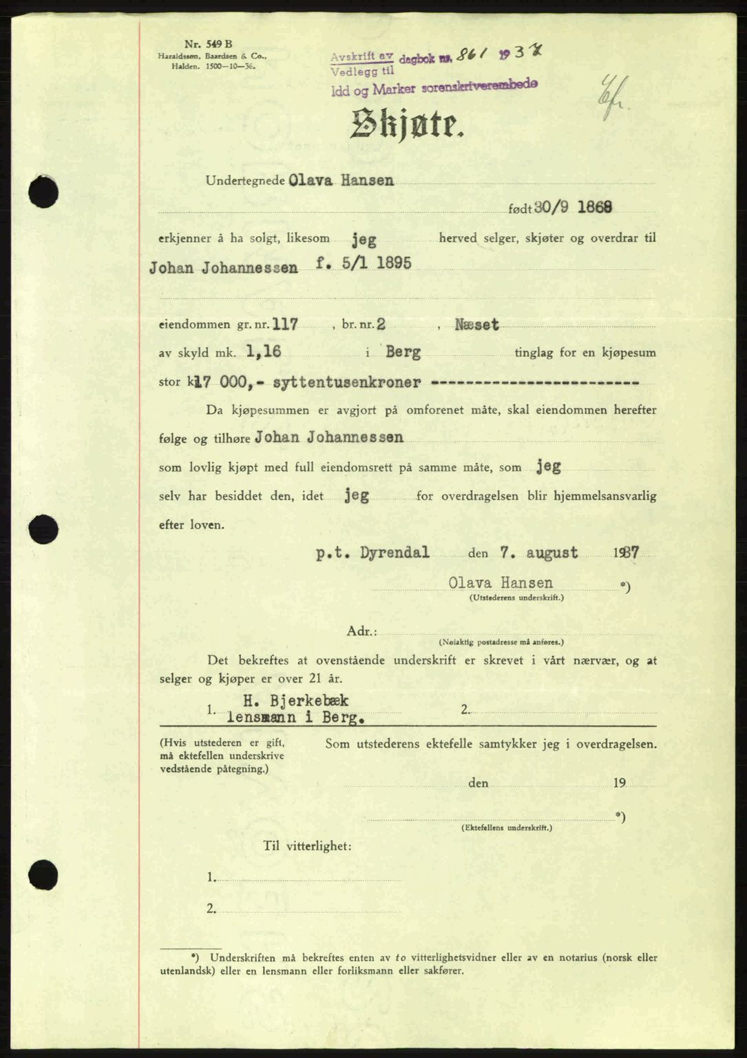 Idd og Marker sorenskriveri, AV/SAO-A-10283/G/Gb/Gbb/L0002: Pantebok nr. A2, 1937-1938, Dagboknr: 861/1937