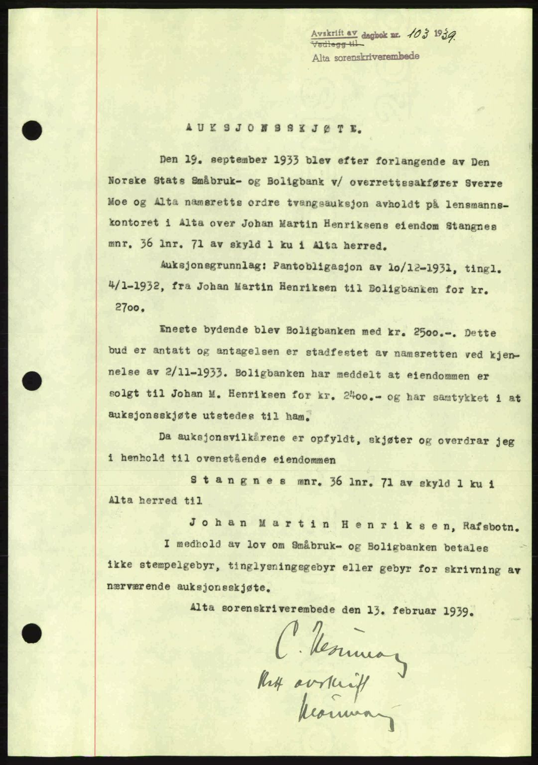 Alta fogderi/sorenskriveri, SATØ/SATØ-5/1/K/Kd/L0031pantebok: Pantebok nr. 31, 1938-1939, Dagboknr: 103/1939