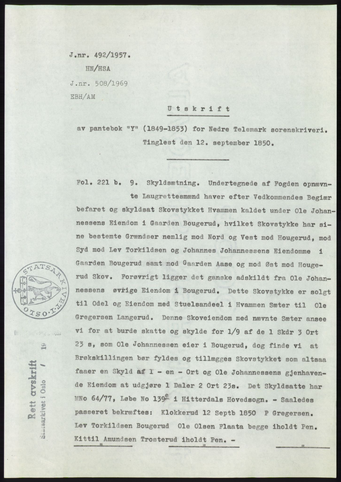 Statsarkivet i Kongsberg, AV/SAKO-A-0001/E/Ee/L0009: Avskrifter, SAO jnr. 354/1957 - 770/1957, 1957, s. 157
