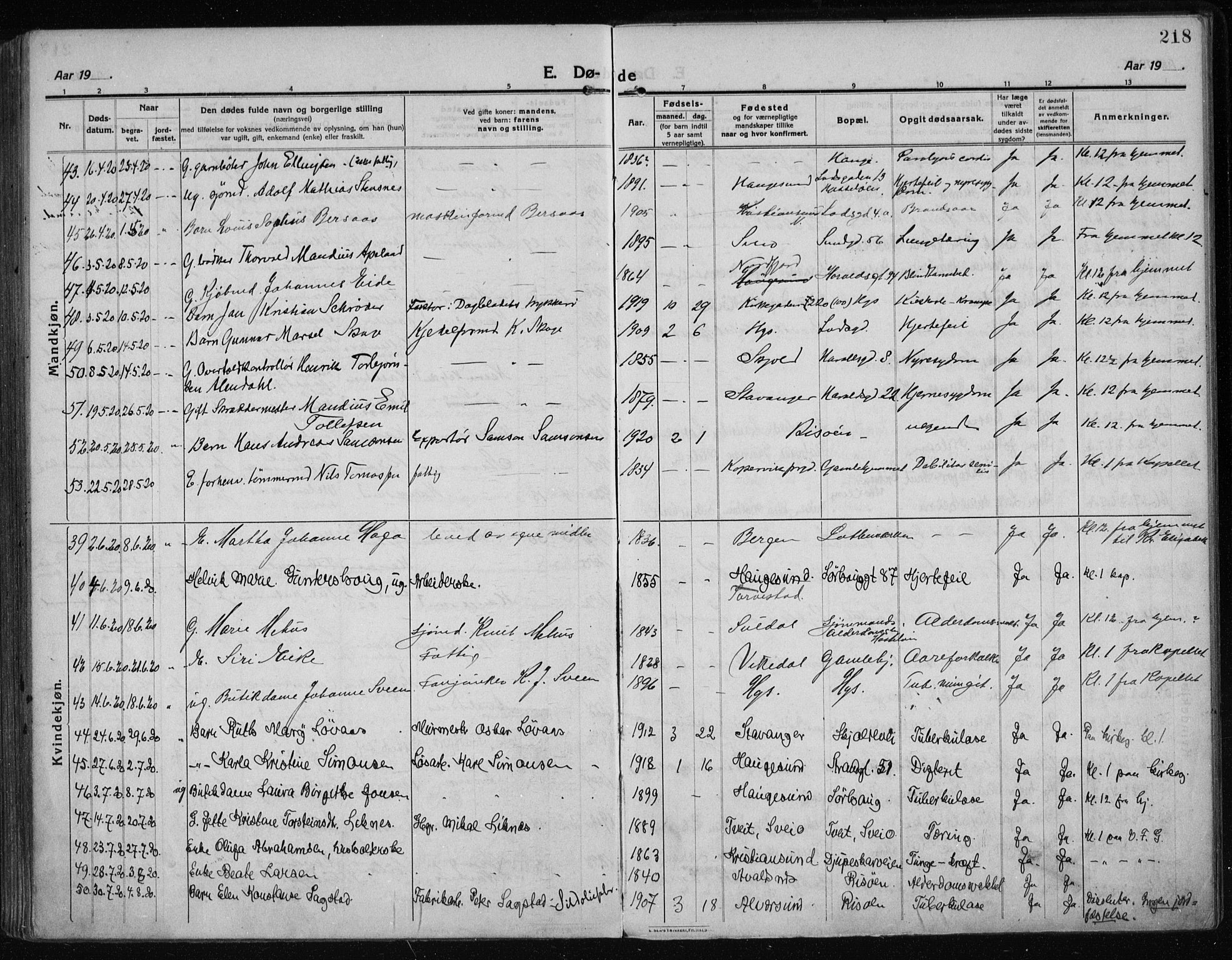 Haugesund sokneprestkontor, AV/SAST-A -101863/H/Ha/Haa/L0009: Ministerialbok nr. A 9, 1914-1929, s. 218