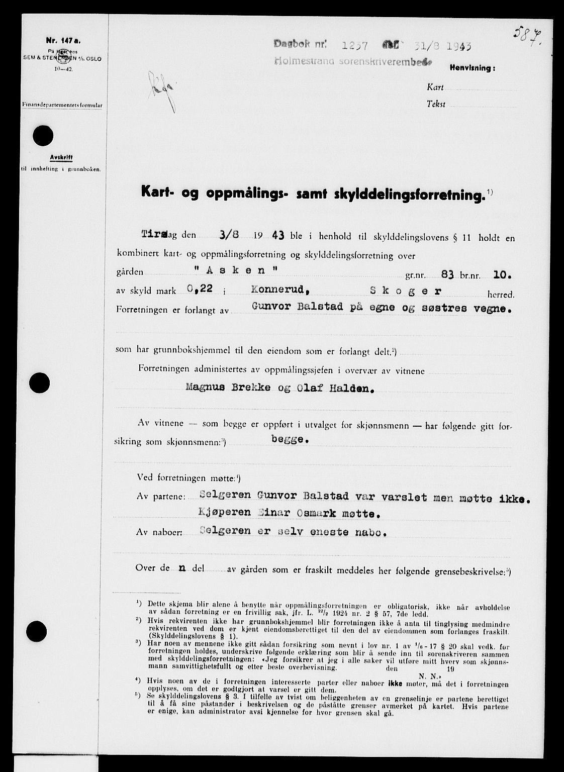 Holmestrand sorenskriveri, AV/SAKO-A-67/G/Ga/Gaa/L0057: Pantebok nr. A-57, 1943-1944, Dagboknr: 1237/1943