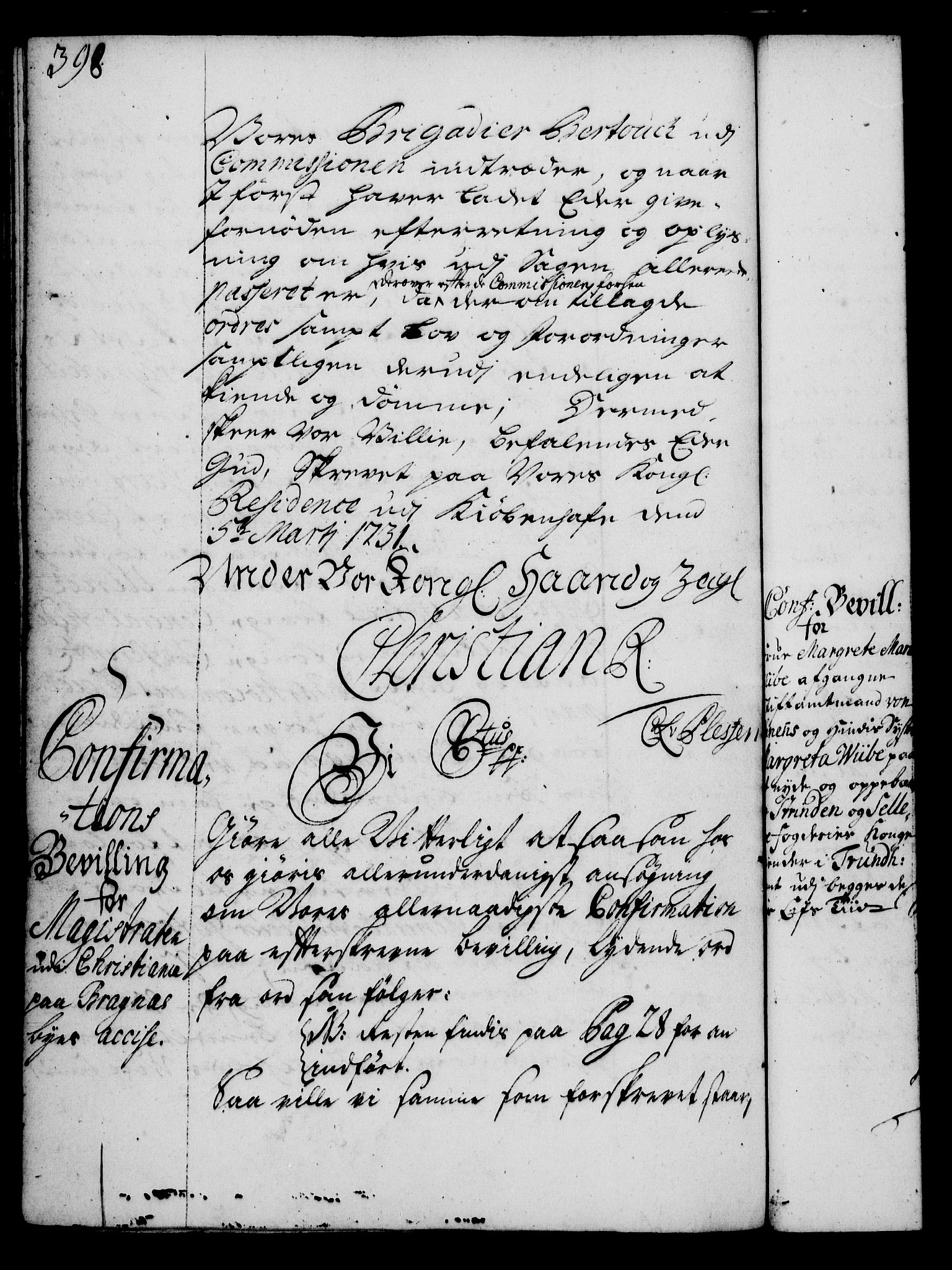 Rentekammeret, Kammerkanselliet, RA/EA-3111/G/Gg/Gga/L0003: Norsk ekspedisjonsprotokoll med register (merket RK 53.3), 1727-1734, s. 398