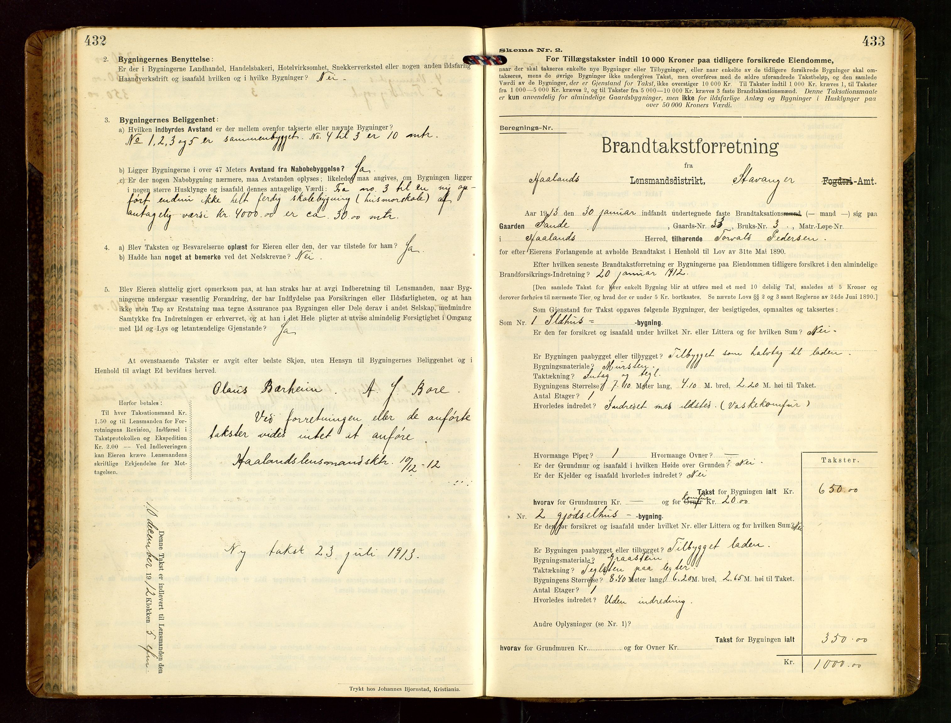 Håland lensmannskontor, SAST/A-100100/Gob/L0004: Branntakstprotokoll - skjematakst. Register i boken., 1913-1915, s. 432-433