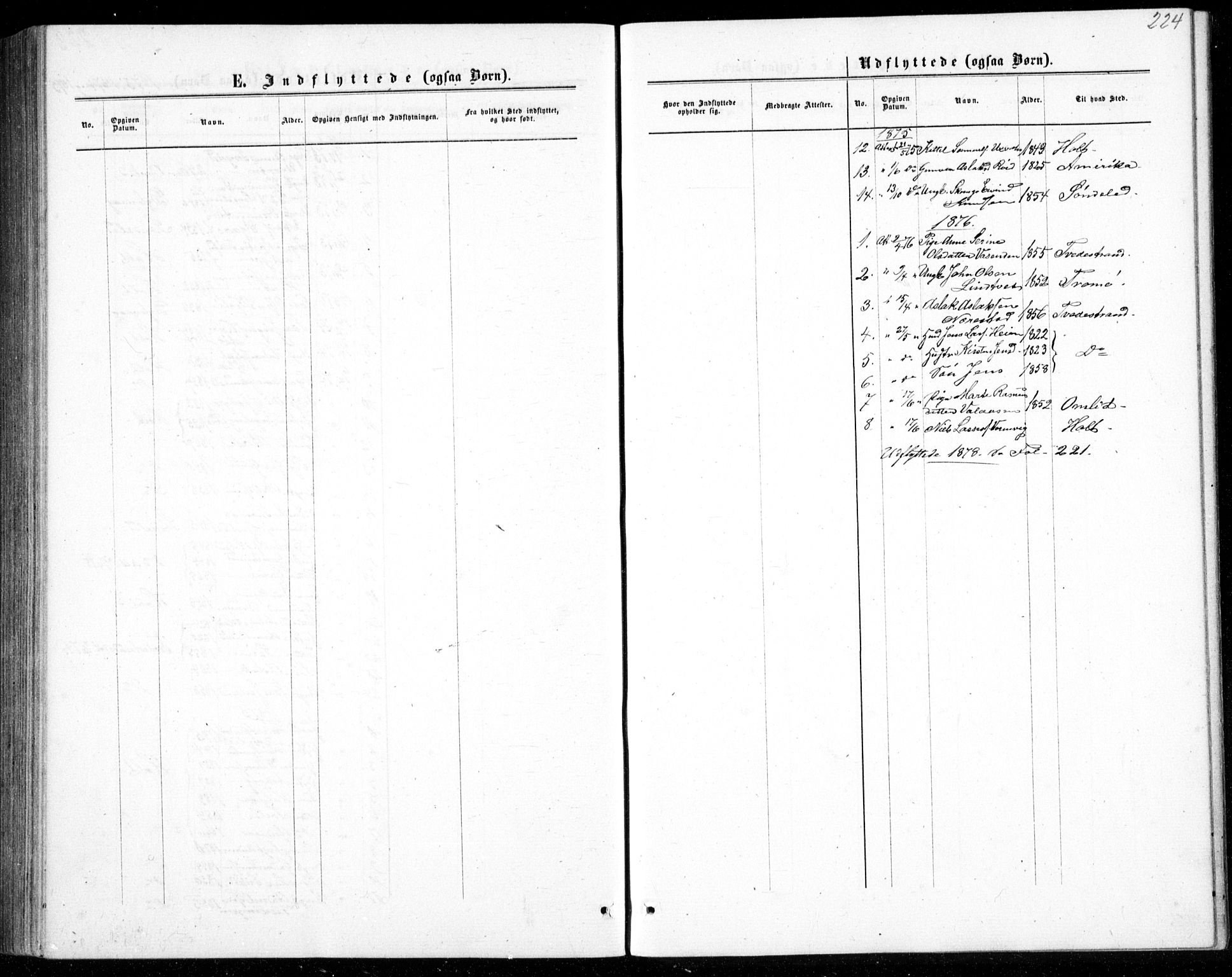 Gjerstad sokneprestkontor, SAK/1111-0014/F/Fb/Fbb/L0003: Klokkerbok nr. B 3, 1862-1889, s. 224