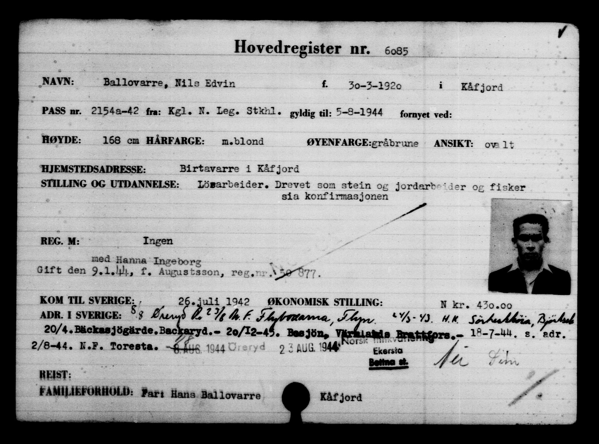Utenriksstasjonene, Legasjonen i Stockholm, Flyktningkontoret, AV/RA-S-6753/V/Va/L0004: Kjesäterkartoteket, flyktninger med registreringsnr. 3496-6610, 1940-1945, s. 3034