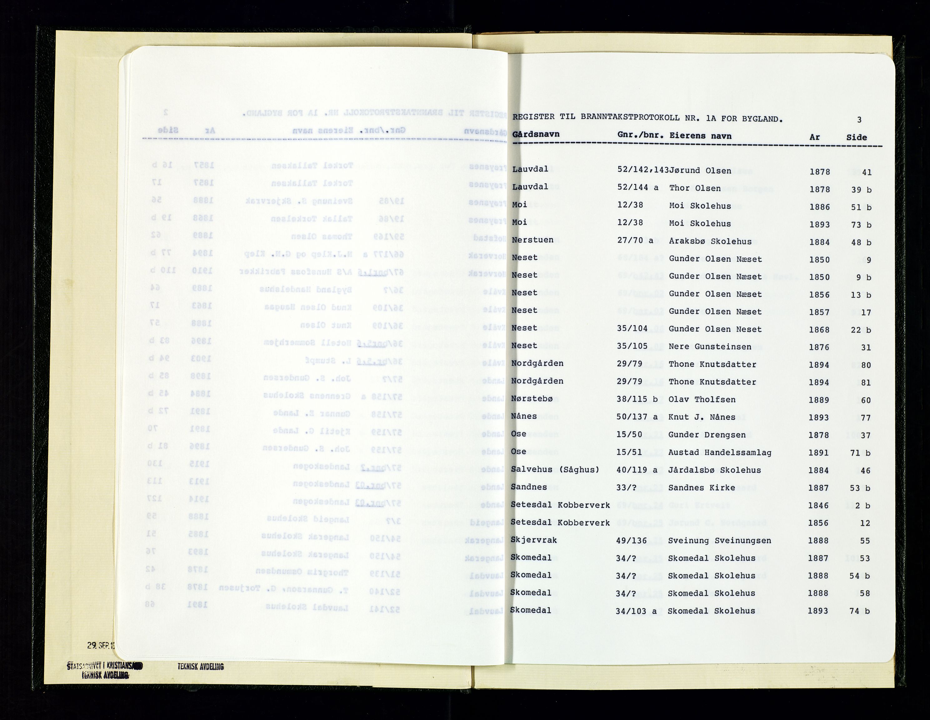 Norges Brannkasse Bygland, AV/SAK-2241-0007/F/Fa/L0001: Branntakstprotokoll nr. 1a med gårdsnavnregister, 1846-1915
