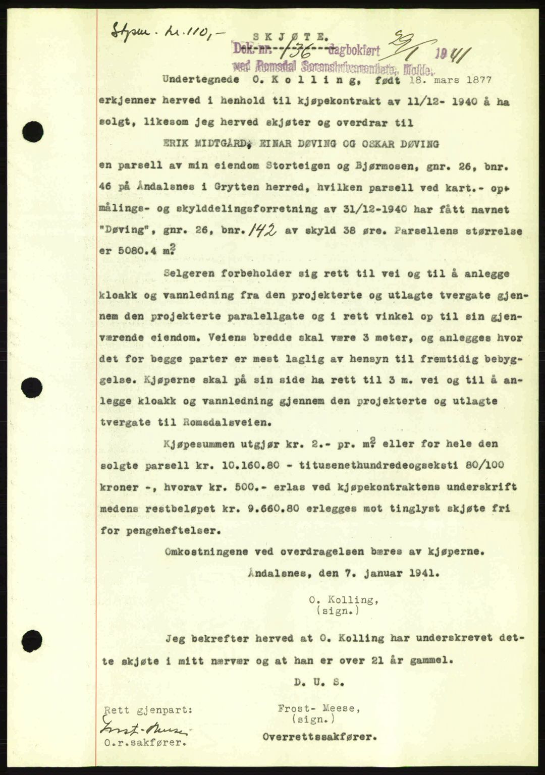 Romsdal sorenskriveri, SAT/A-4149/1/2/2C: Pantebok nr. A9, 1940-1941, Dagboknr: 136/1941