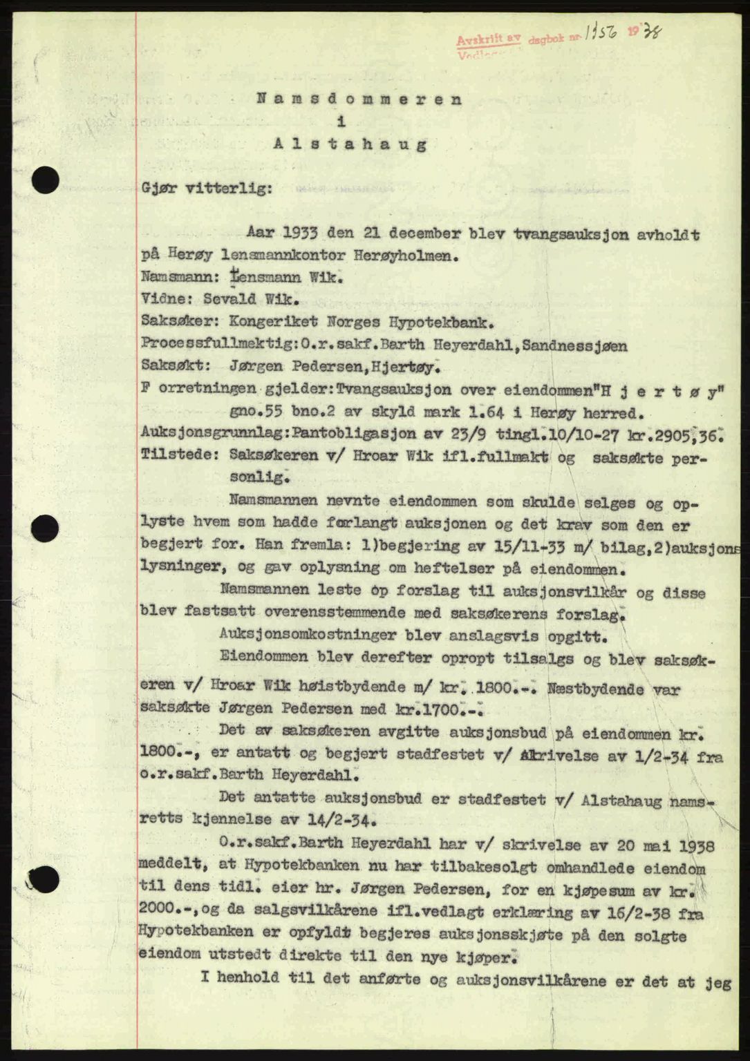 Alstahaug sorenskriveri, SAT/A-1009: Pantebok nr. A3, 1937-1938, Dagboknr: 1356/1938
