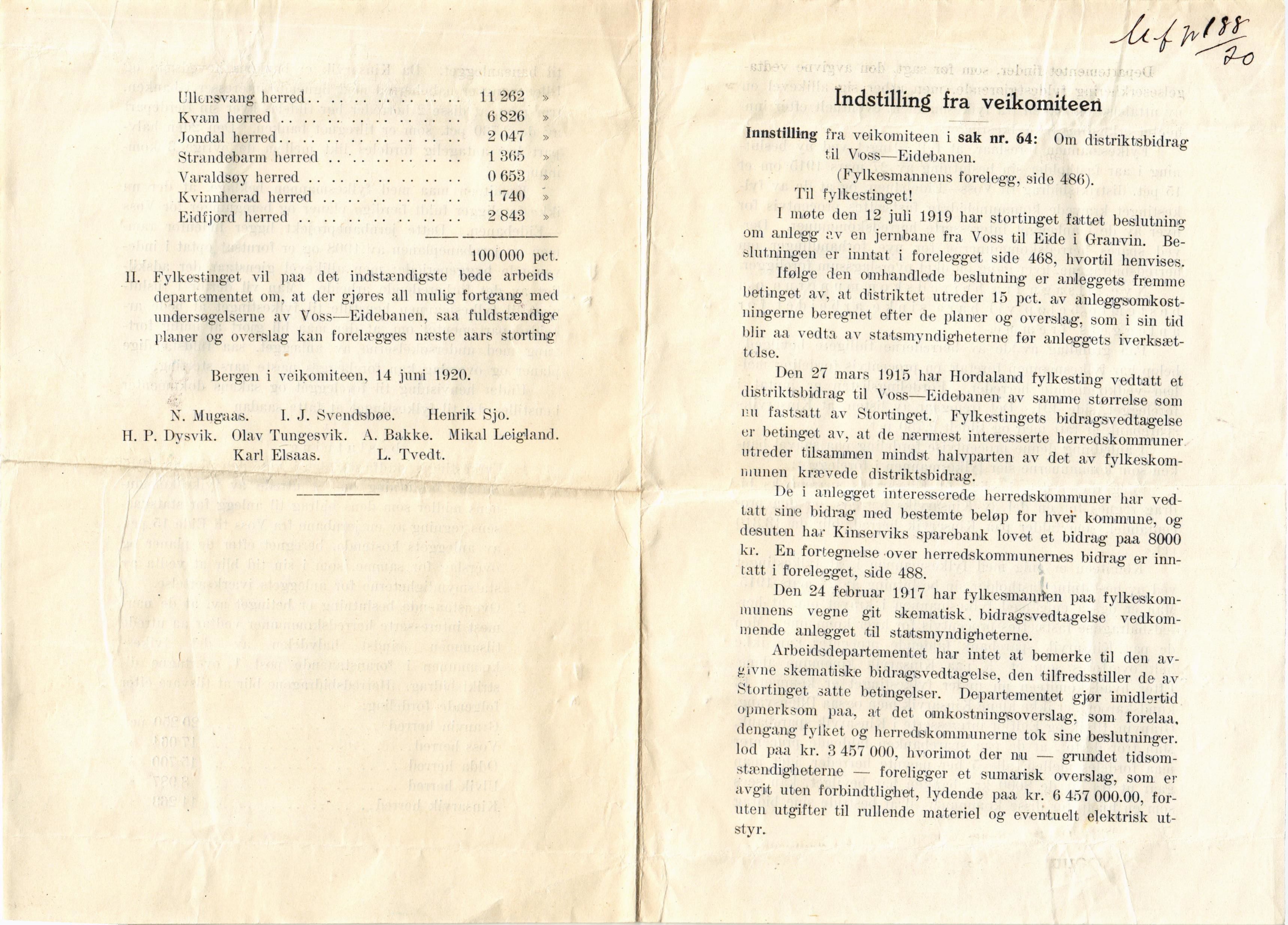 Ullensvang herad. Formannskapet , IKAH/1231b-021/E/Ea/L0009/0006: Emneordna, sideordna korrespondanse  / Jernbane i Voss-Eide , 1920-1921