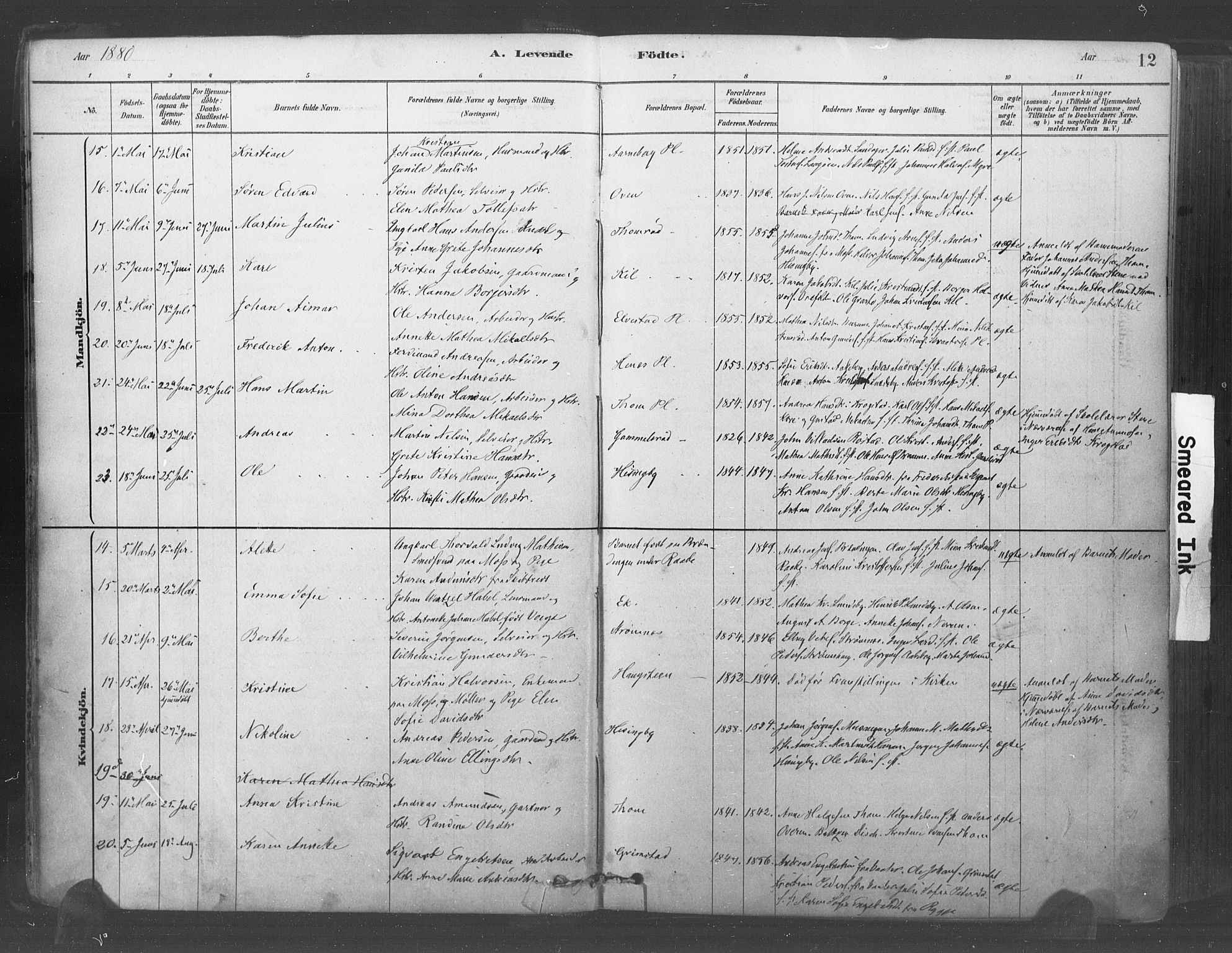 Råde prestekontor kirkebøker, AV/SAO-A-2009/F/Fa/L0007: Ministerialbok nr. 7, 1878-1902, s. 12