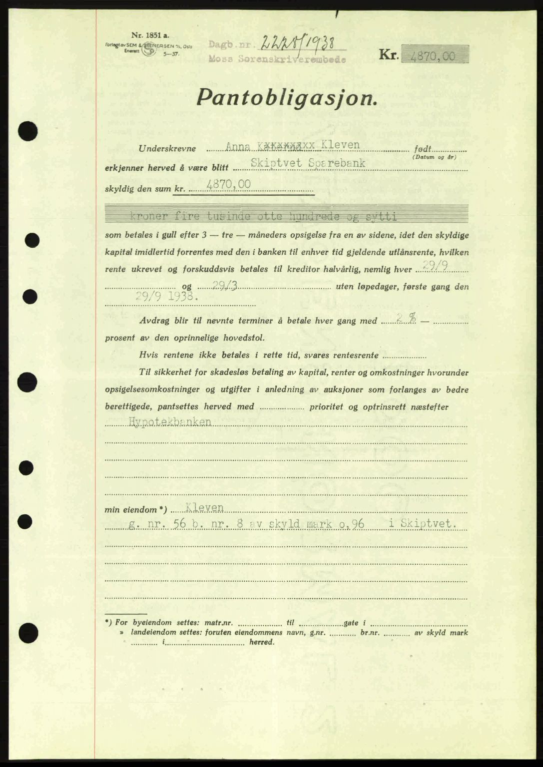 Moss sorenskriveri, SAO/A-10168: Pantebok nr. B6, 1938-1938, Dagboknr: 2228/1938