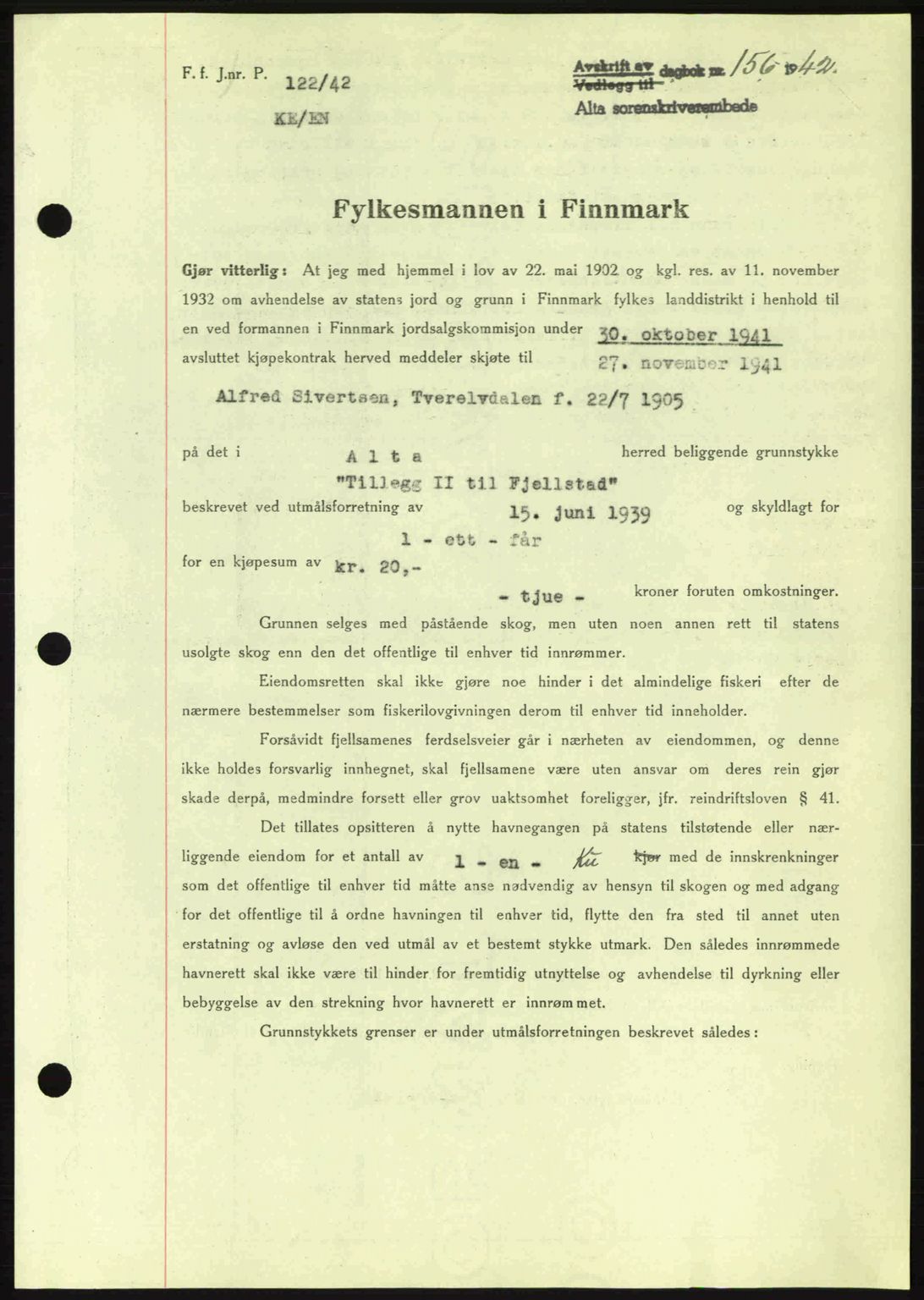 Alta fogderi/sorenskriveri, SATØ/SATØ-5/1/K/Kd/L0033pantebok: Pantebok nr. 33, 1940-1943, Dagboknr: 156/1942