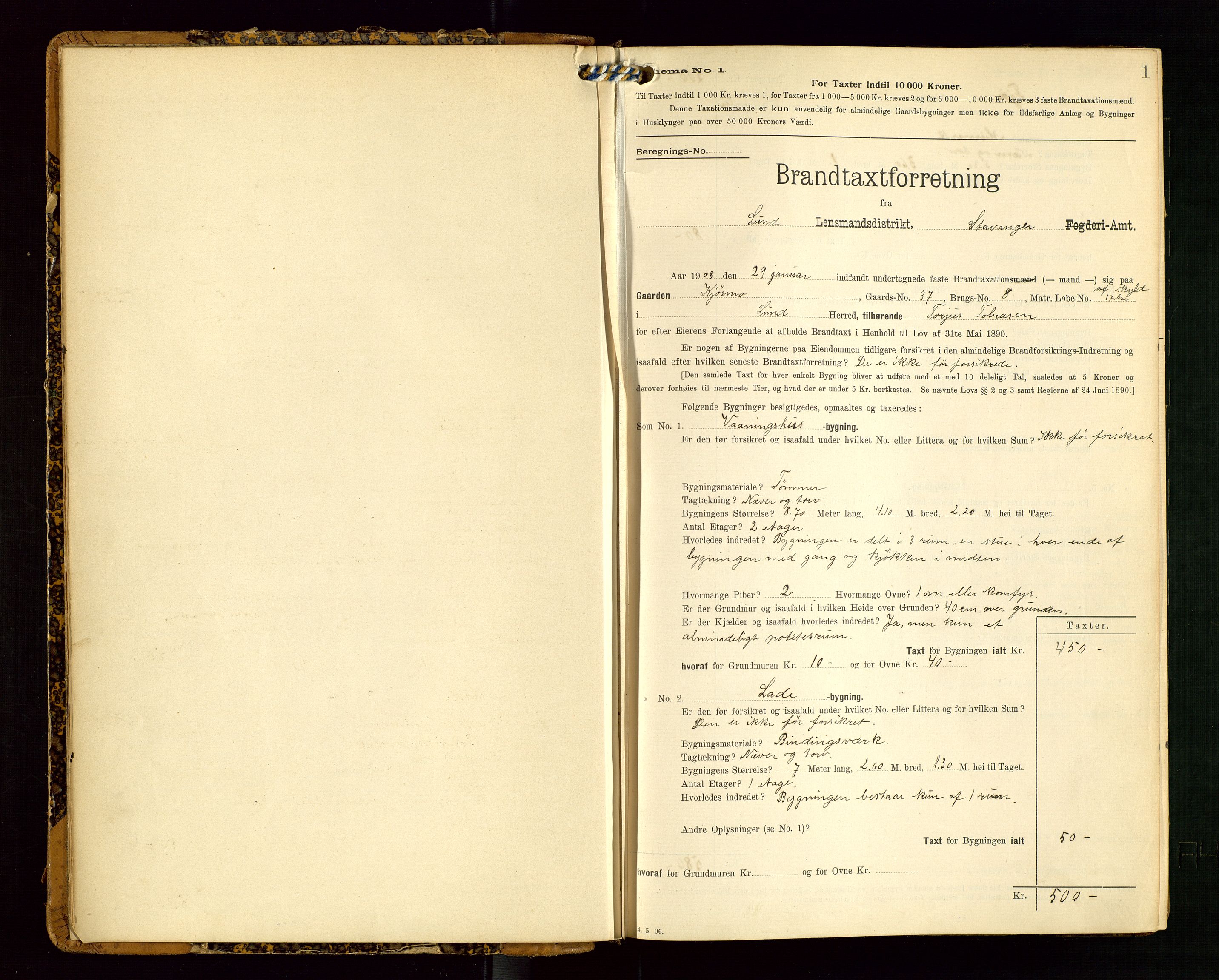 Lund lensmannskontor, AV/SAST-A-100303/Gob/L0002: "Brandtakstprotokol", 1908-1918, s. 1