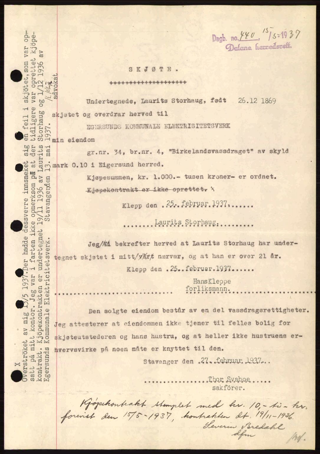Dalane sorenskriveri, SAST/A-100309/02/G/Gb/L0041: Pantebok nr. A2, 1936-1937, Dagboknr: 440/1937