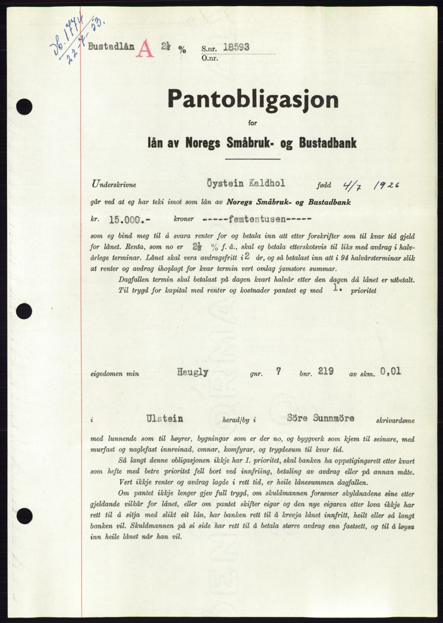 Søre Sunnmøre sorenskriveri, SAT/A-4122/1/2/2C/L0123: Pantebok nr. 11B, 1953-1953, Dagboknr: 1774/1953