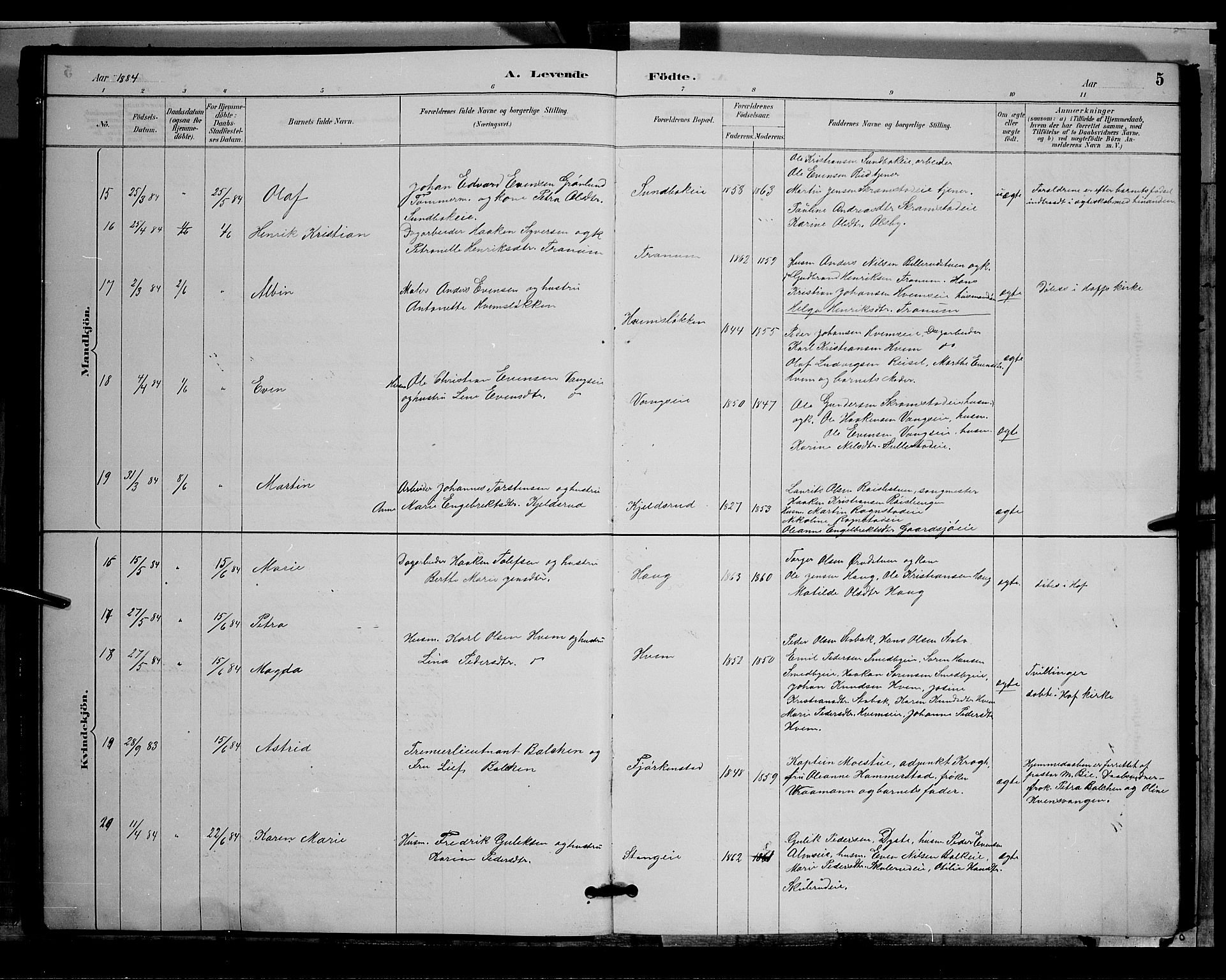 Østre Toten prestekontor, AV/SAH-PREST-104/H/Ha/Hab/L0005: Klokkerbok nr. 5, 1884-1893, s. 5