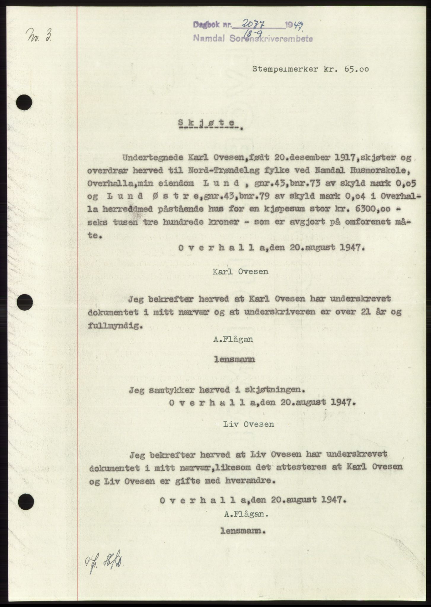 Namdal sorenskriveri, SAT/A-4133/1/2/2C: Pantebok nr. -, 1947-1947, Dagboknr: 2077/1947