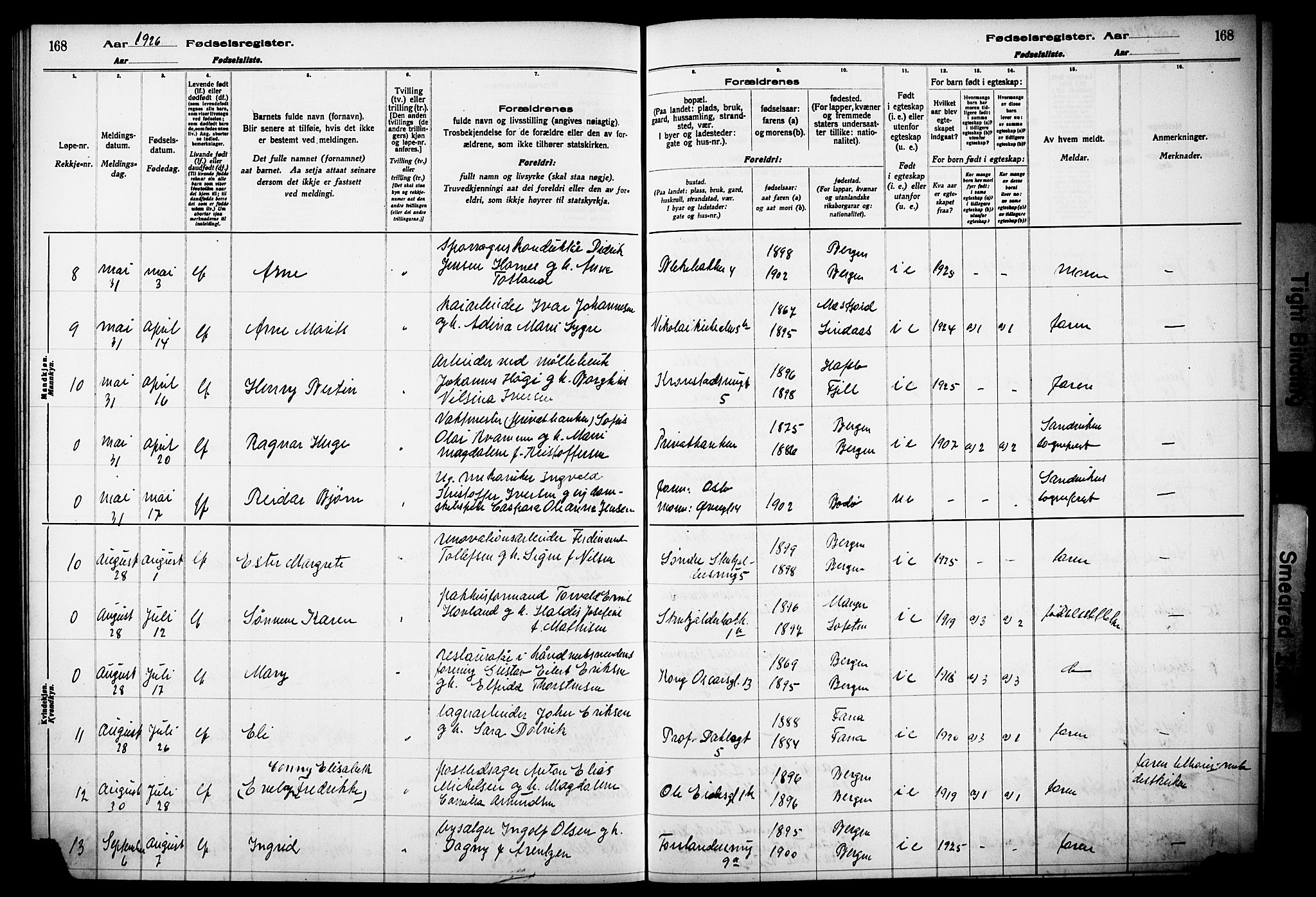 Korskirken sokneprestembete, AV/SAB-A-76101/I/Id/L00A1: Fødselsregister nr. A 1, 1916-1929, s. 168