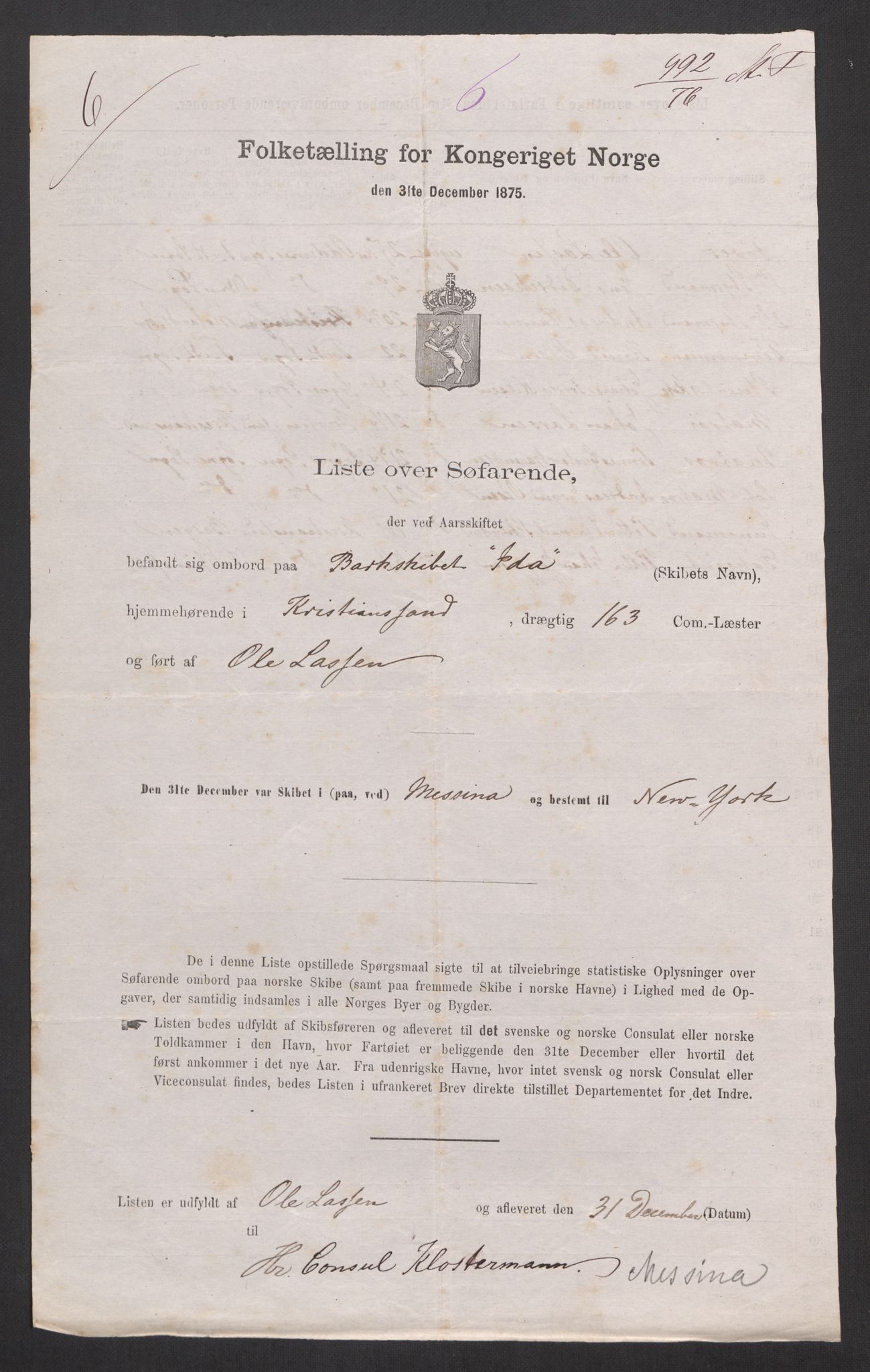 RA, Folketelling 1875, skipslister: Skip i utenrikske havner, hjemmehørende i 1) byer og ladesteder, Grimstad - Tromsø, 2) landdistrikter, 1875, s. 246