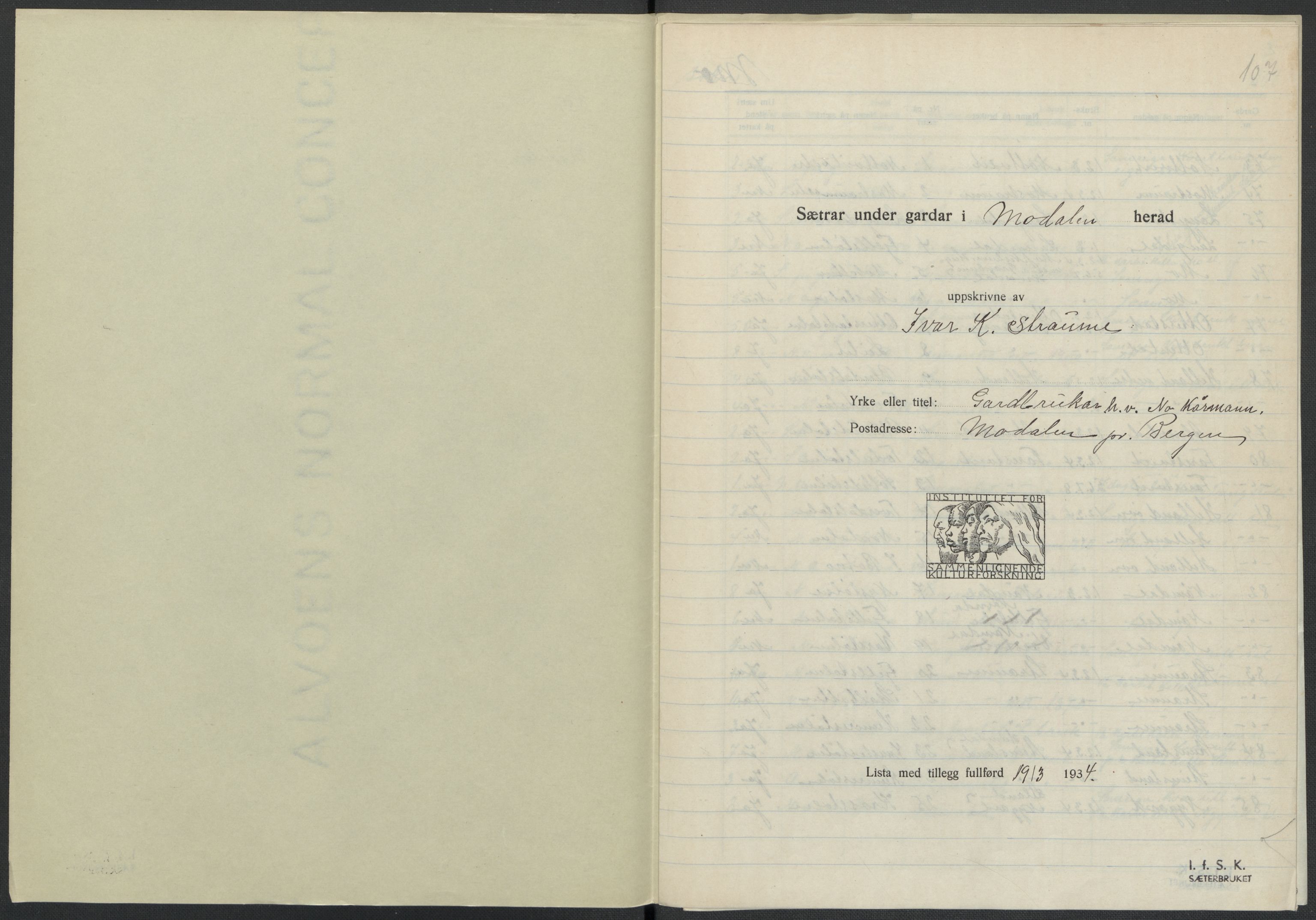 Instituttet for sammenlignende kulturforskning, AV/RA-PA-0424/F/Fc/L0010/0001: Eske B10: / Hordaland (perm XXV), 1932-1939, s. 107