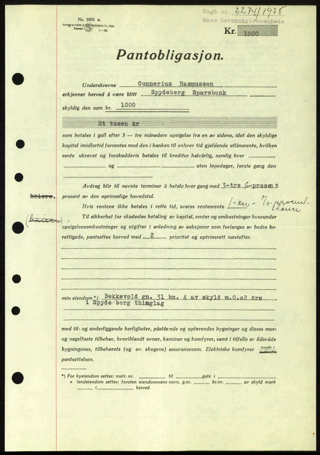 Moss sorenskriveri, SAO/A-10168: Pantebok nr. B6, 1938-1938, Dagboknr: 2274/1938