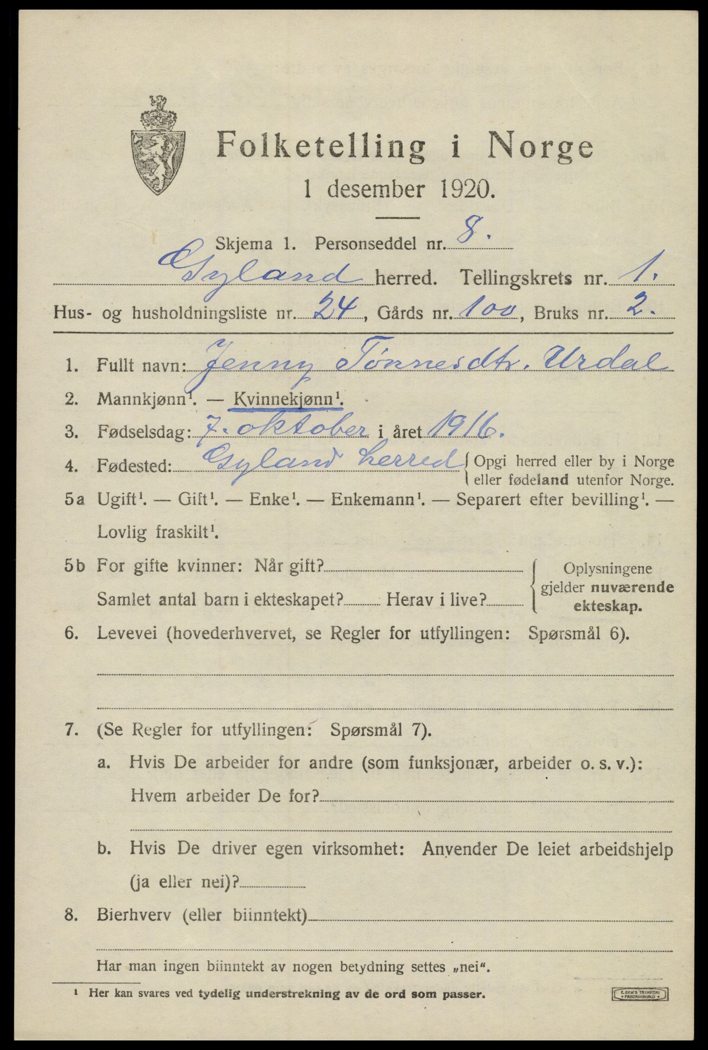 SAK, Folketelling 1920 for 1044 Gyland herred, 1920, s. 716