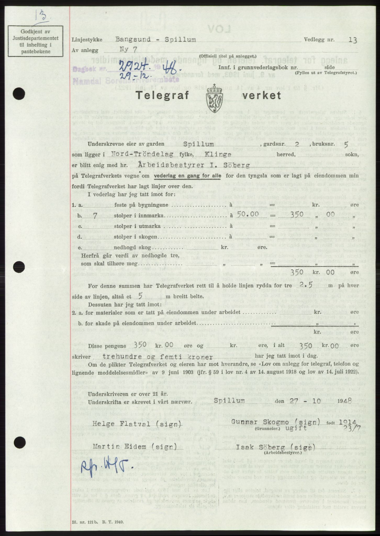 Namdal sorenskriveri, SAT/A-4133/1/2/2C: Pantebok nr. -, 1948-1948, Dagboknr: 2924/1948