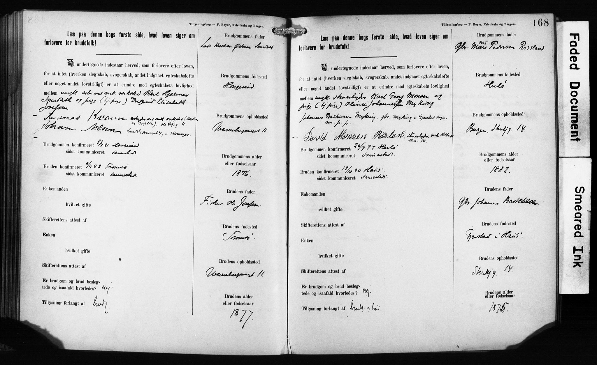 Mariakirken Sokneprestembete, SAB/A-76901: Forlovererklæringer nr. II.5.1, 1891-1901, s. 168